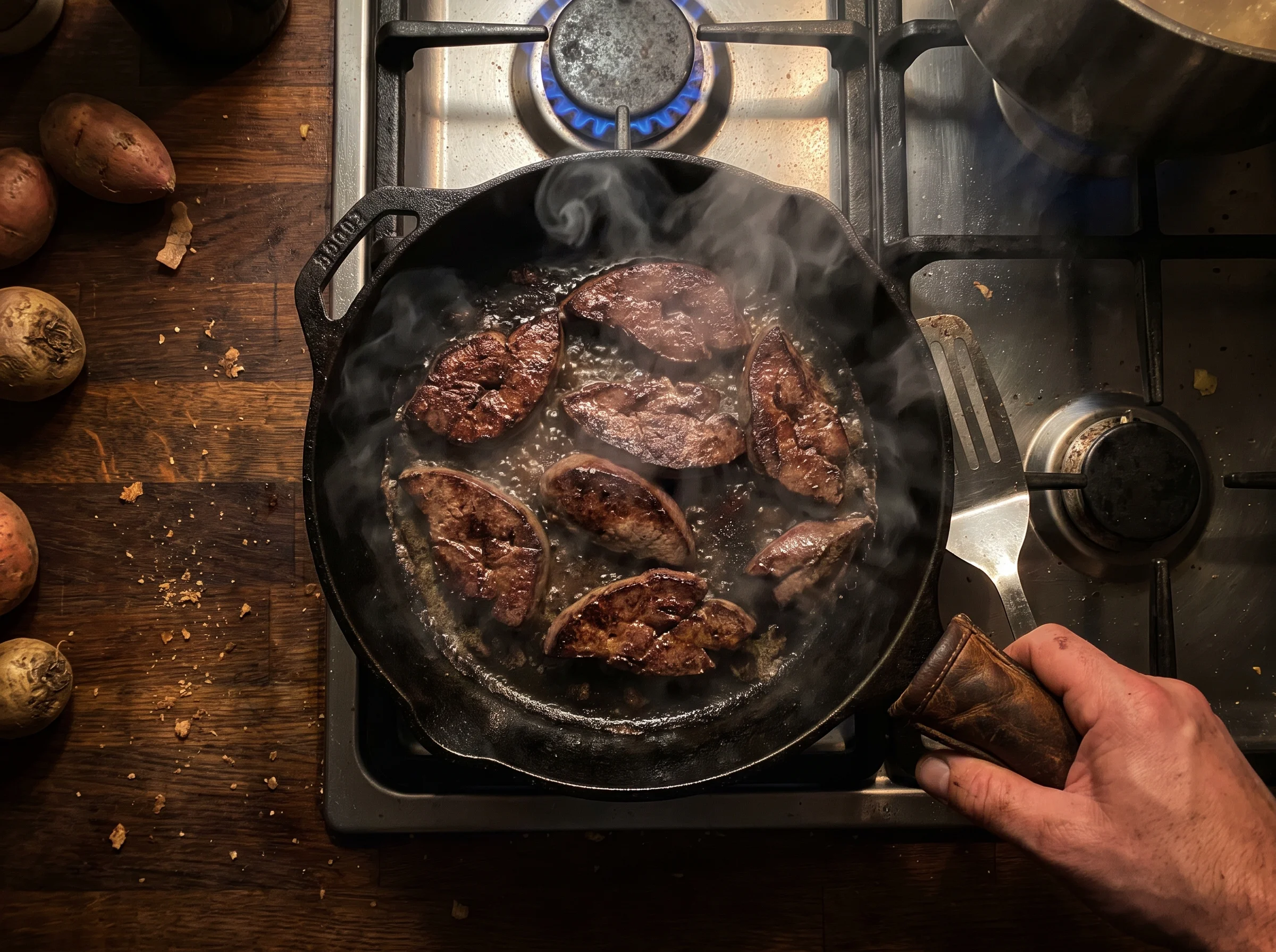 A hot cast-iron skillet on a gas burner with liver searing hard, steam and smoke rising, close-up from above, moody kitchen l