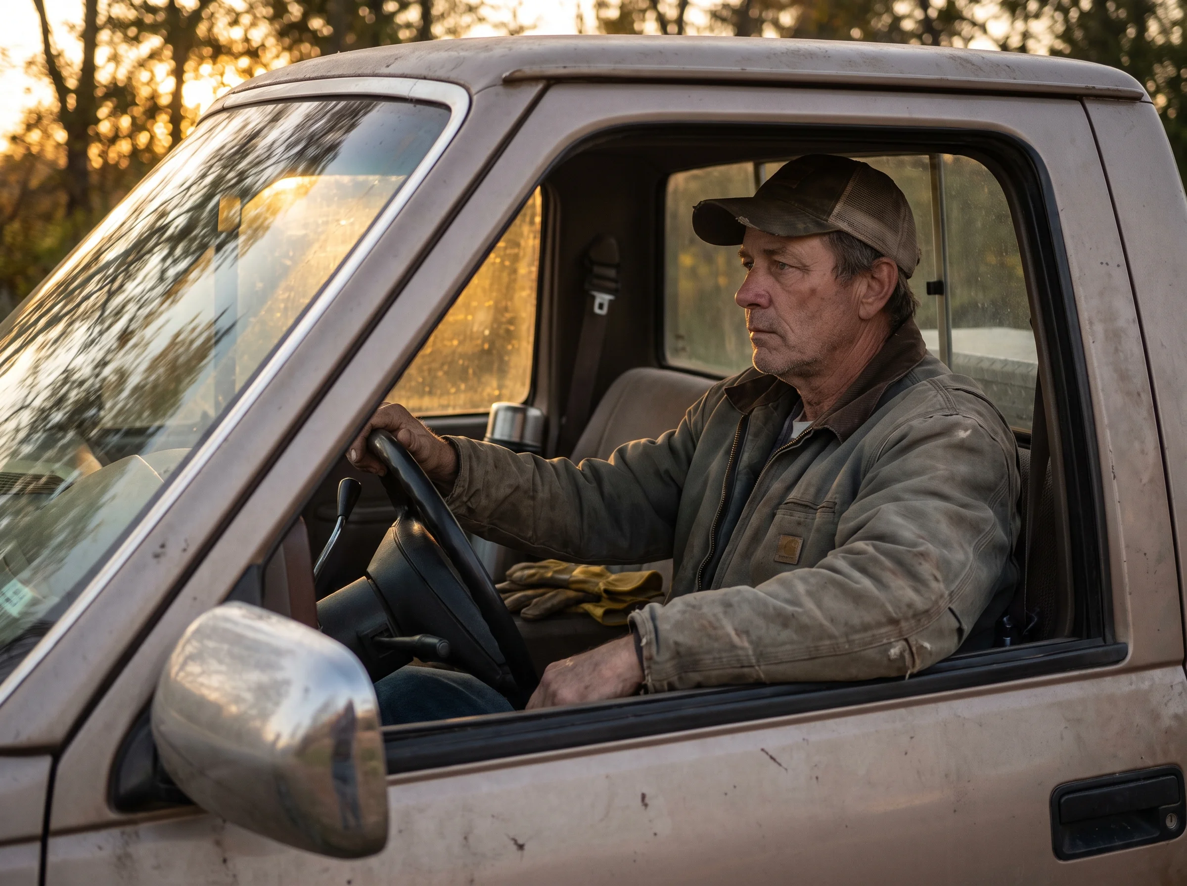 A man in his early 50s sitting in his parked truck in the driveway after work, hands still on the wheel, staring straight ahe