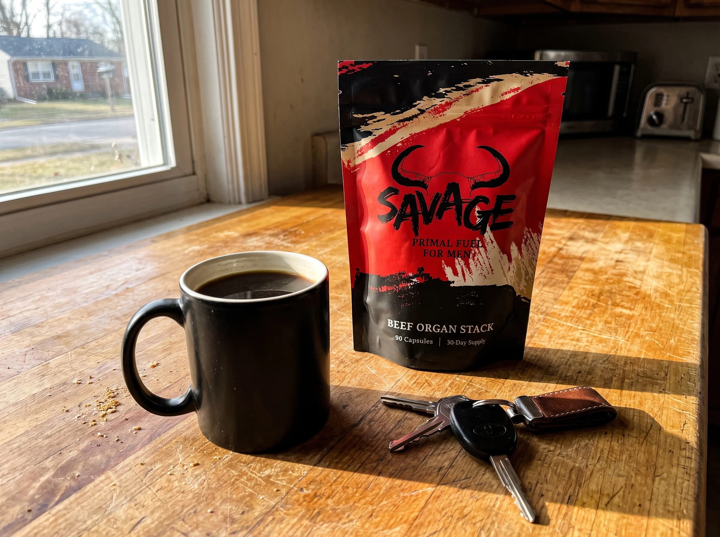 The Savage Beef Organ Stack pouch, a red and black stand-up pouch with a bull-horn logo and the words BEEF ORGAN STACK, sitti