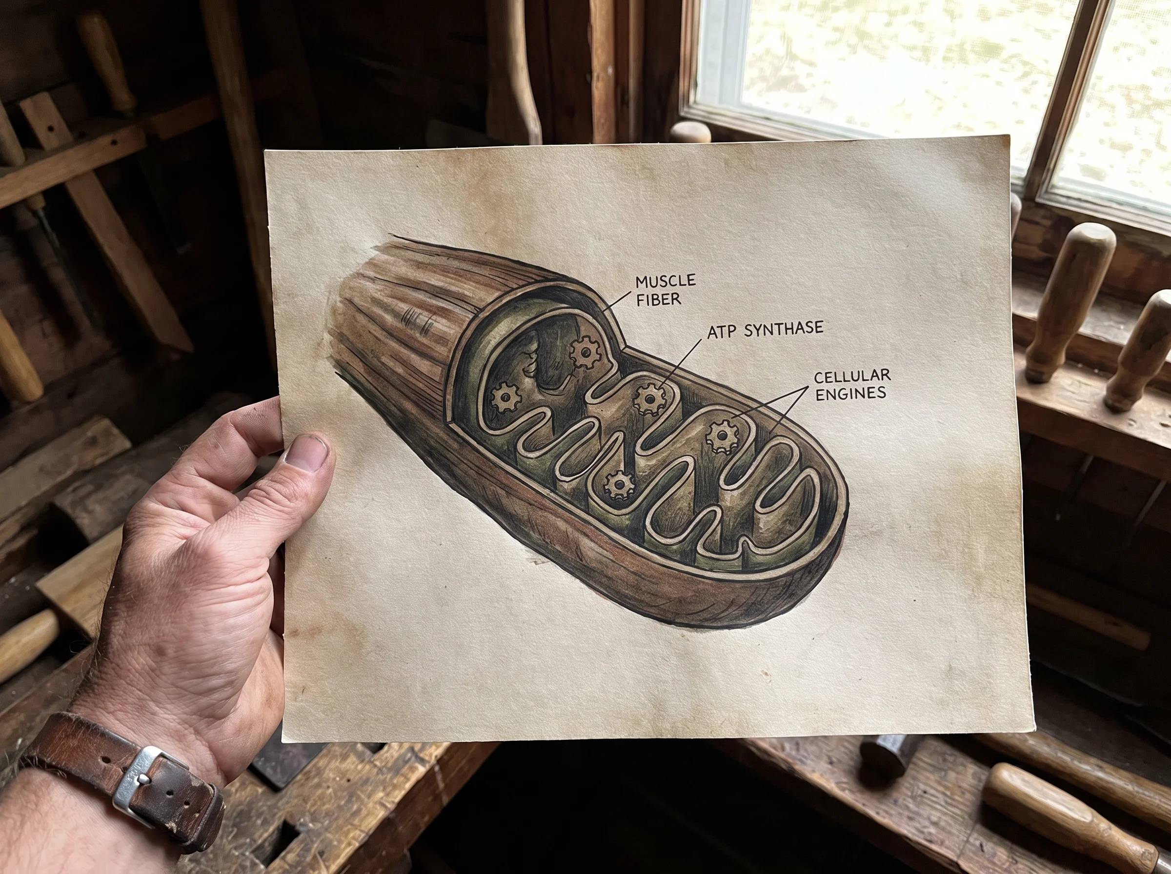 Close-up illustration of a mitochondrion inside a muscle fiber, rendered in earthy tones, showing the tiny cellular engines t