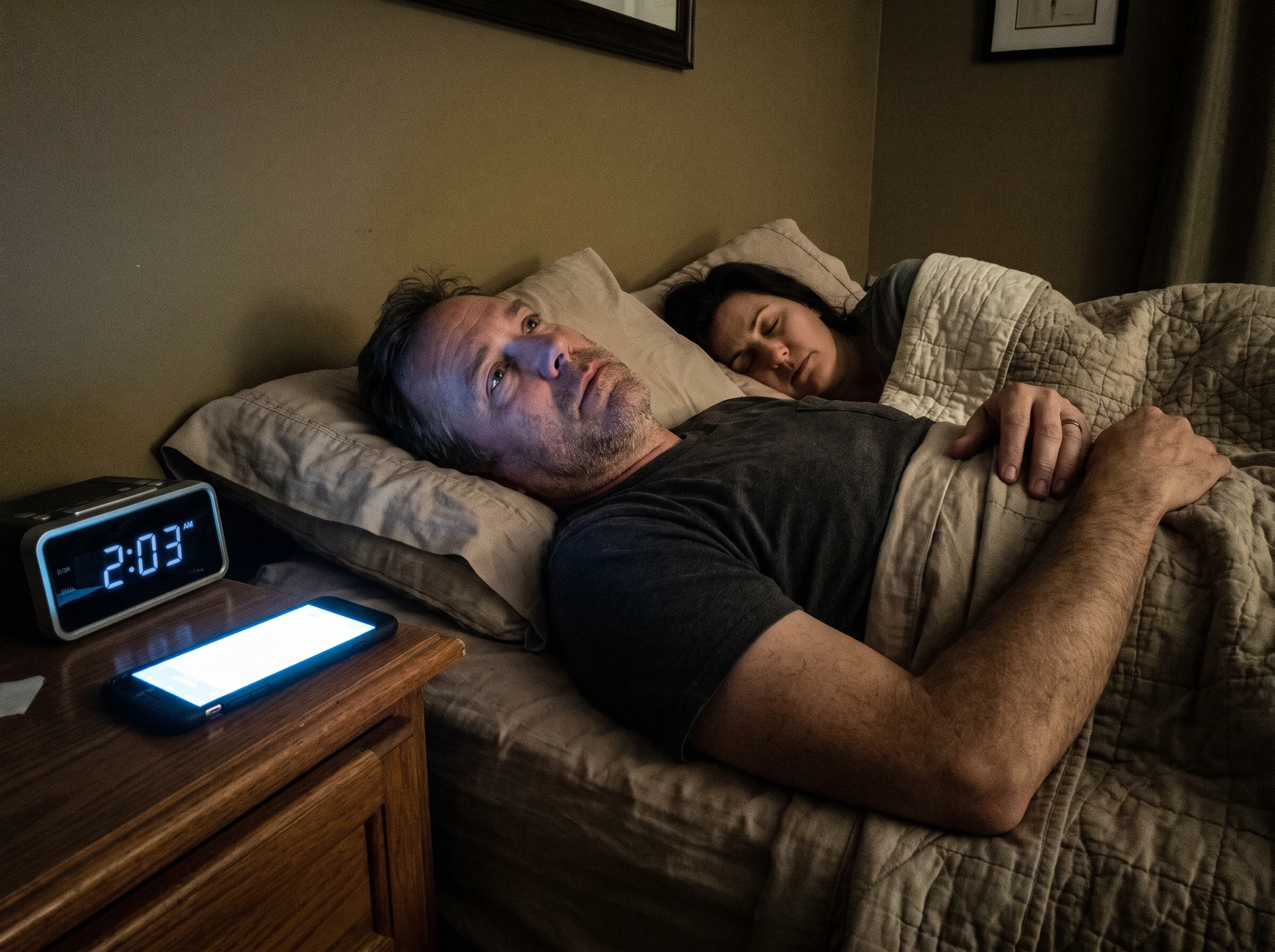 A 51 year old man lying awake in bed at 2am, staring at the ceiling, faint blue light from a phone on the nightstand catching