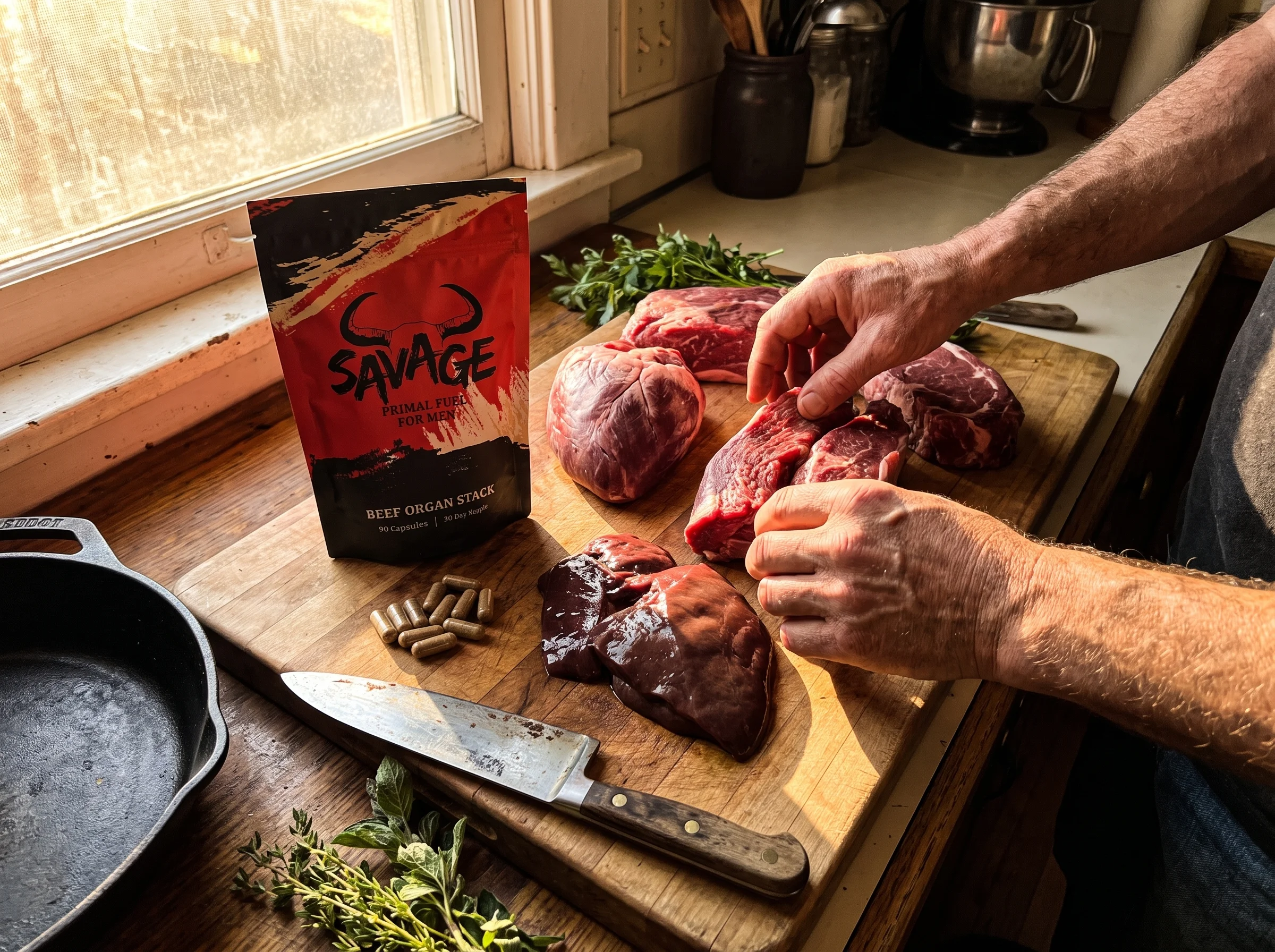 Overhead shot on a rustic wooden cutting board of raw beef heart, beef liver, and grass-fed beef, backlit by warm morning kit