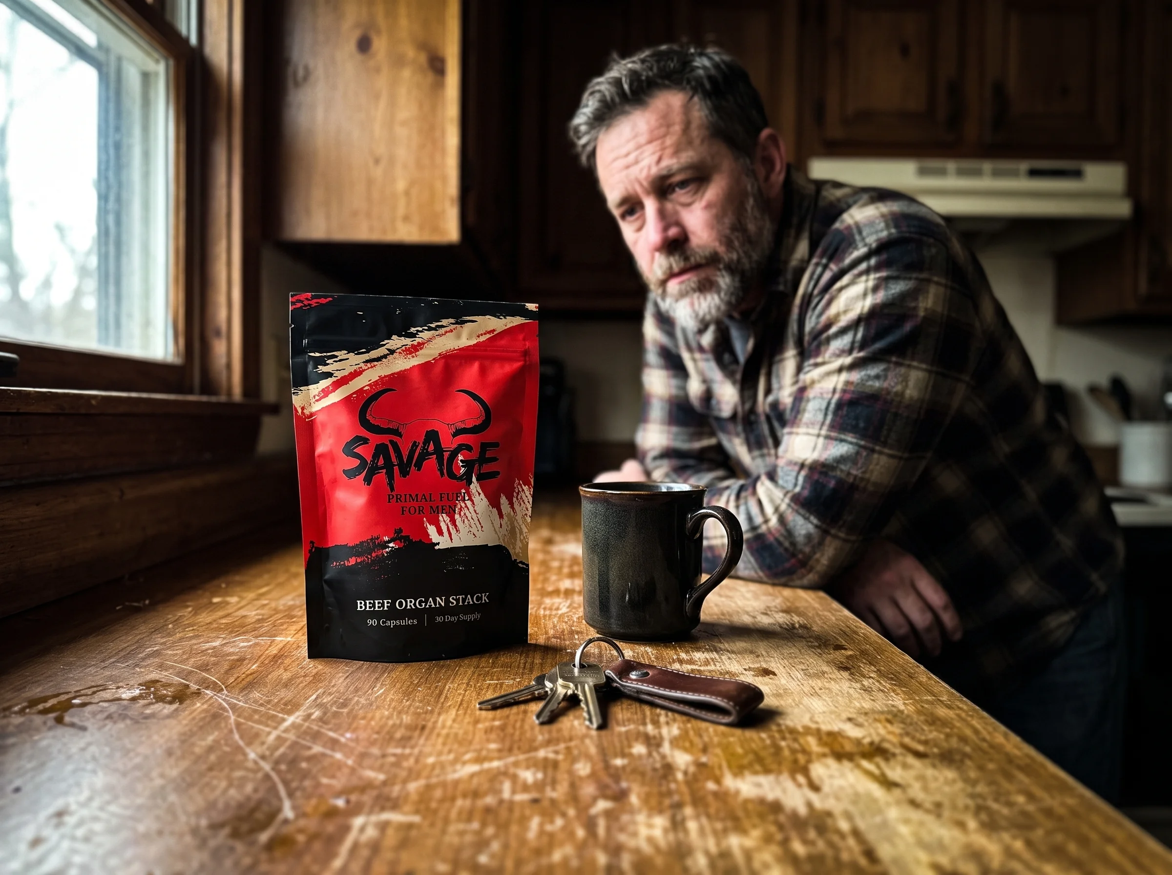 The Savage Beef Organ Stack pouch, a red and black stand-up pouch with a bull-horn logo, sitting on a worn wooden kitchen cou