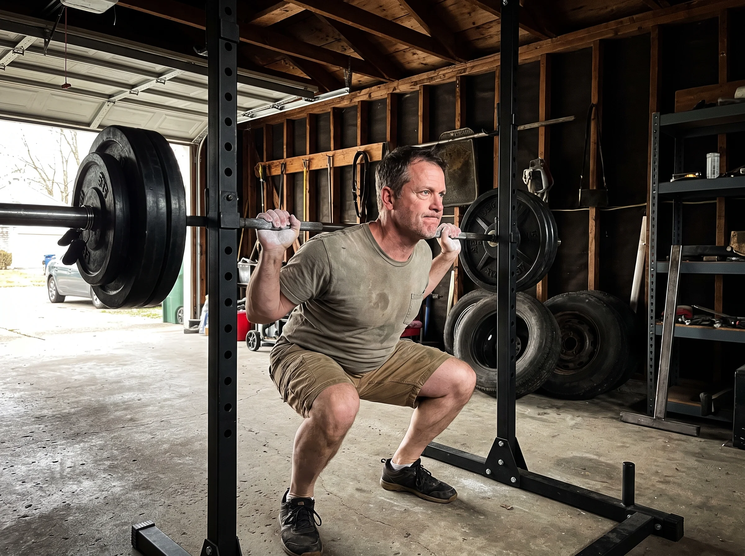 A 51 year old man mid-set on a barbell back squat in a bare-bones garage gym, chalk on his hands, focused, no other people in