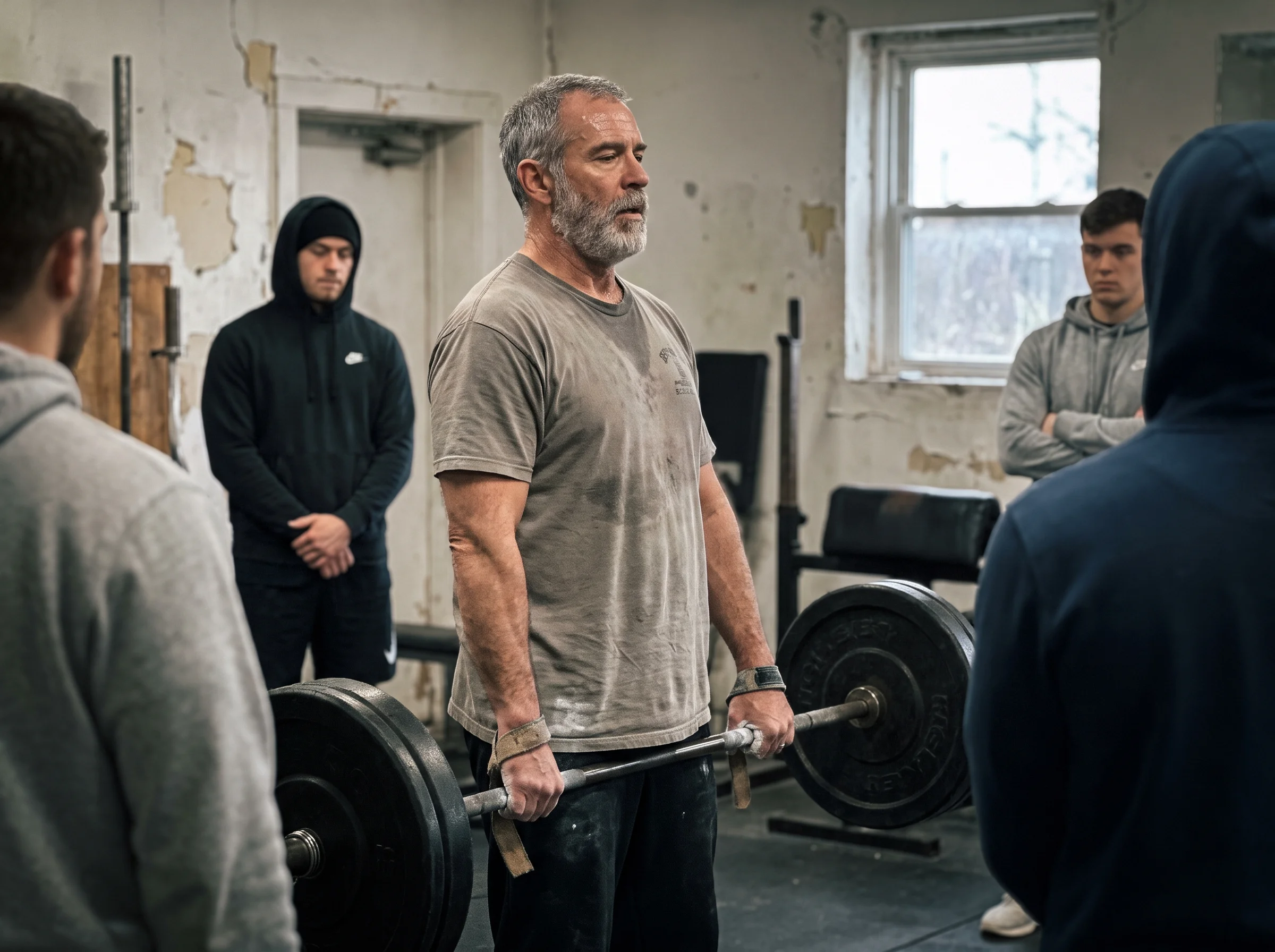 A 60 year old man with gray in his beard finishing a heavy deadlift in a well-worn gym, calm and controlled, respected by the