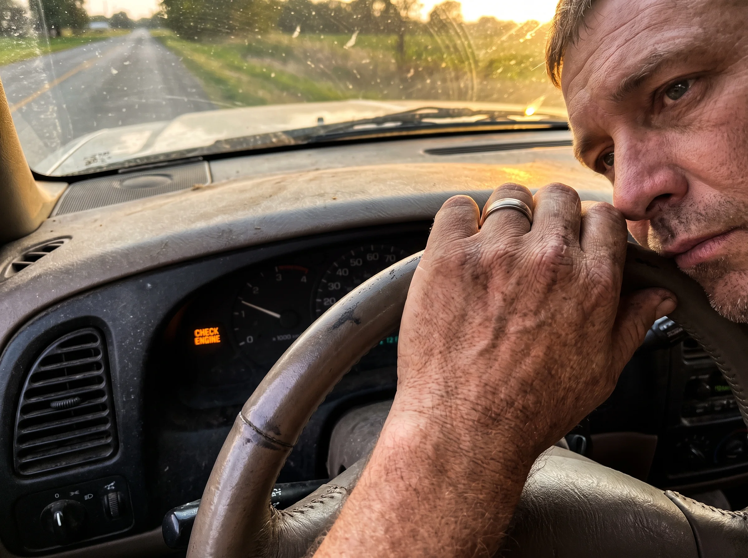 Close-up of an old car dashboard with the check engine light glowing amber, a man's rough hand resting on the steering wheel,