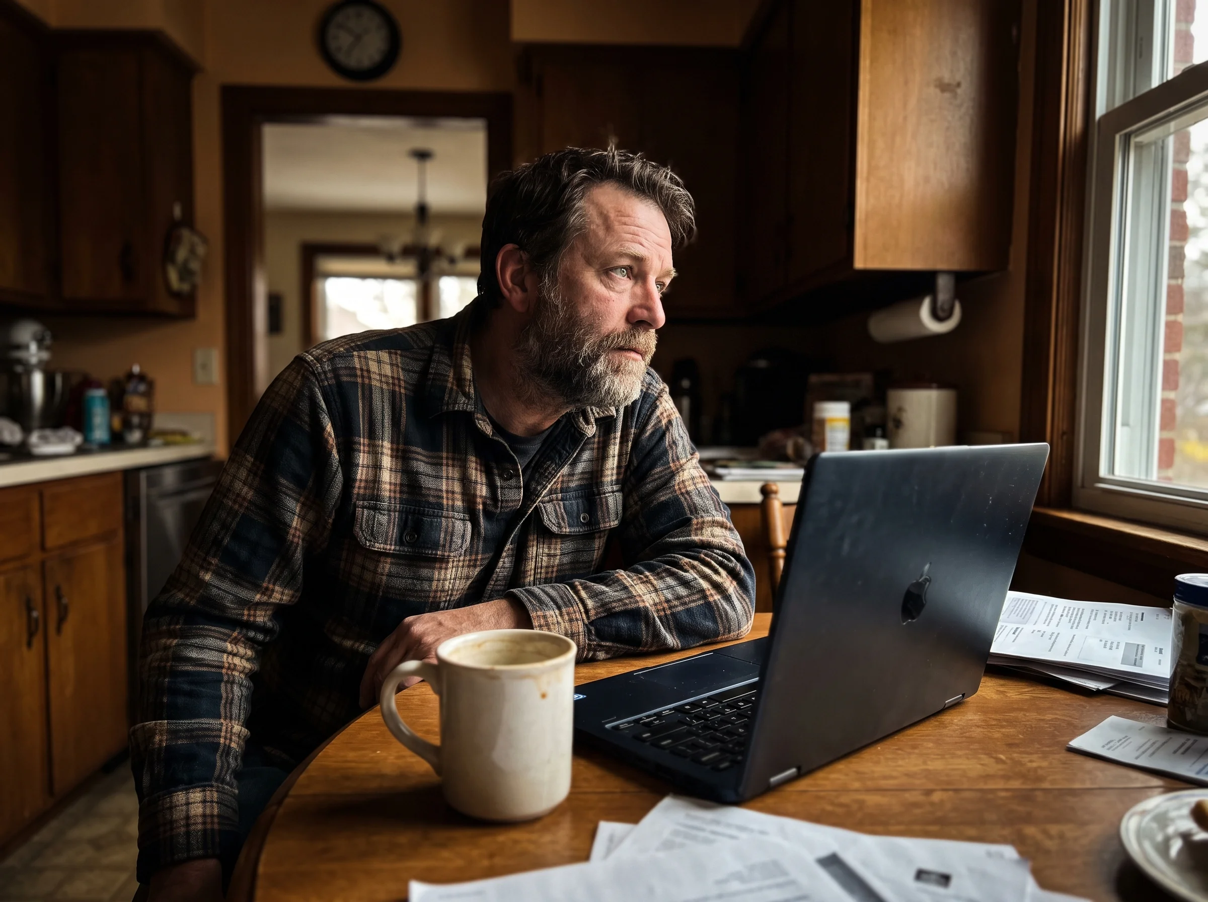 A weathered man in his early 50s slumped at a kitchen table late afternoon, half-drunk coffee cup in front of him, laptop ope