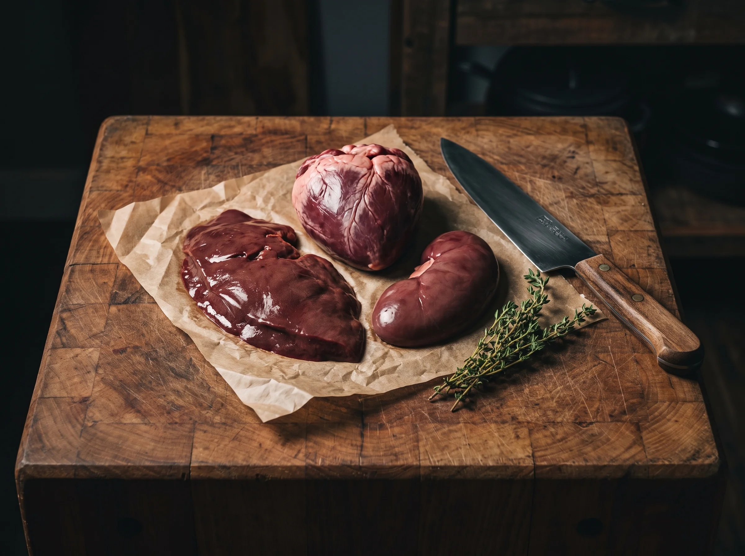 Rustic wooden butcher block with raw beef liver, heart, and kidney arranged on parchment paper, a sharp knife and a sprig of 