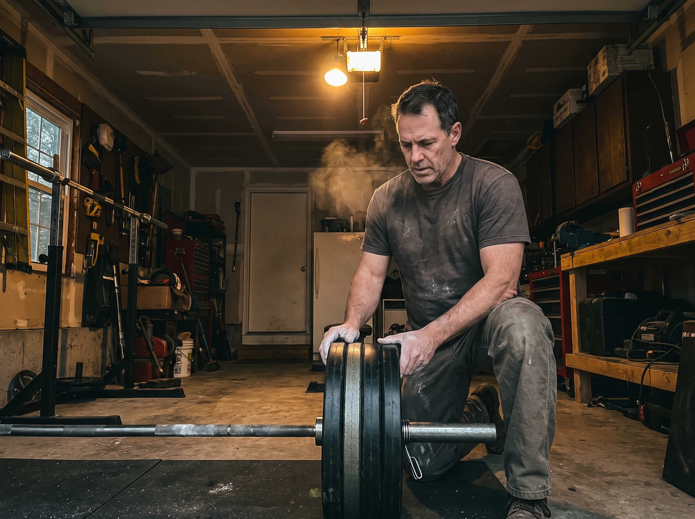 A 50-something man in a worn t-shirt setting up a loaded barbell in a home garage gym at dawn, chalk on his hands, one work l