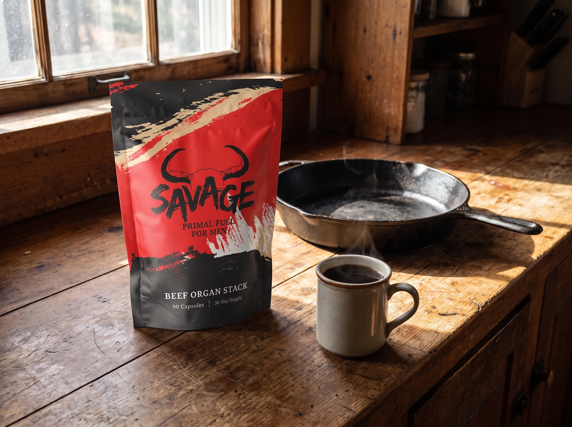 The Savage Beef Organ Stack pouch, a red and black stand-up pouch with a bull-horn logo, sitting on a rough wooden kitchen co