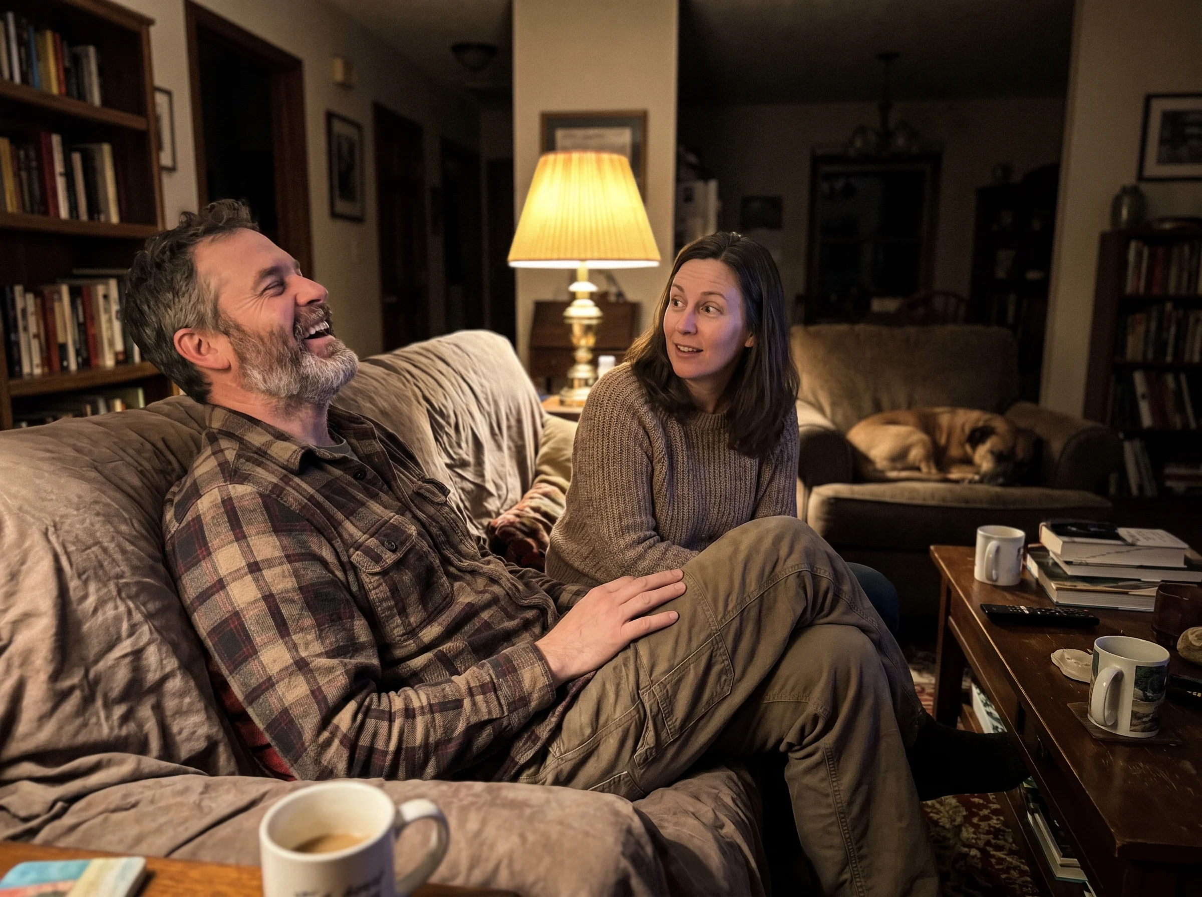A man in his early 50s laughing at something on the couch on a weeknight, his wife looking at him with a small surprised smil