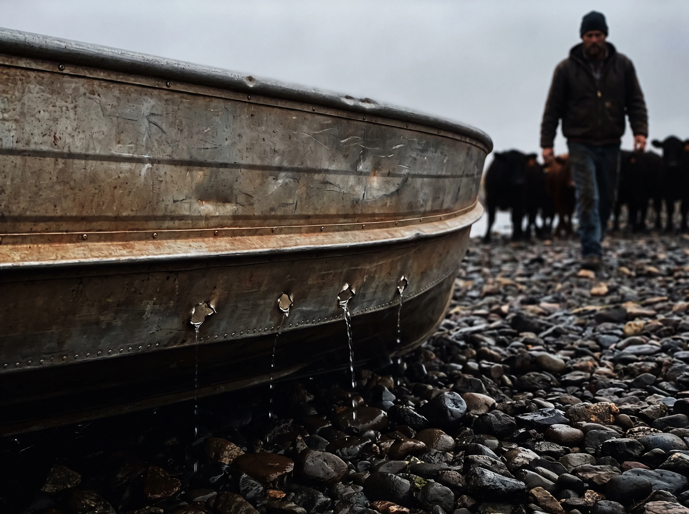 A weathered aluminum rowboat pulled up on a rocky shore at dawn, five small holes visible along the hull below the waterline,