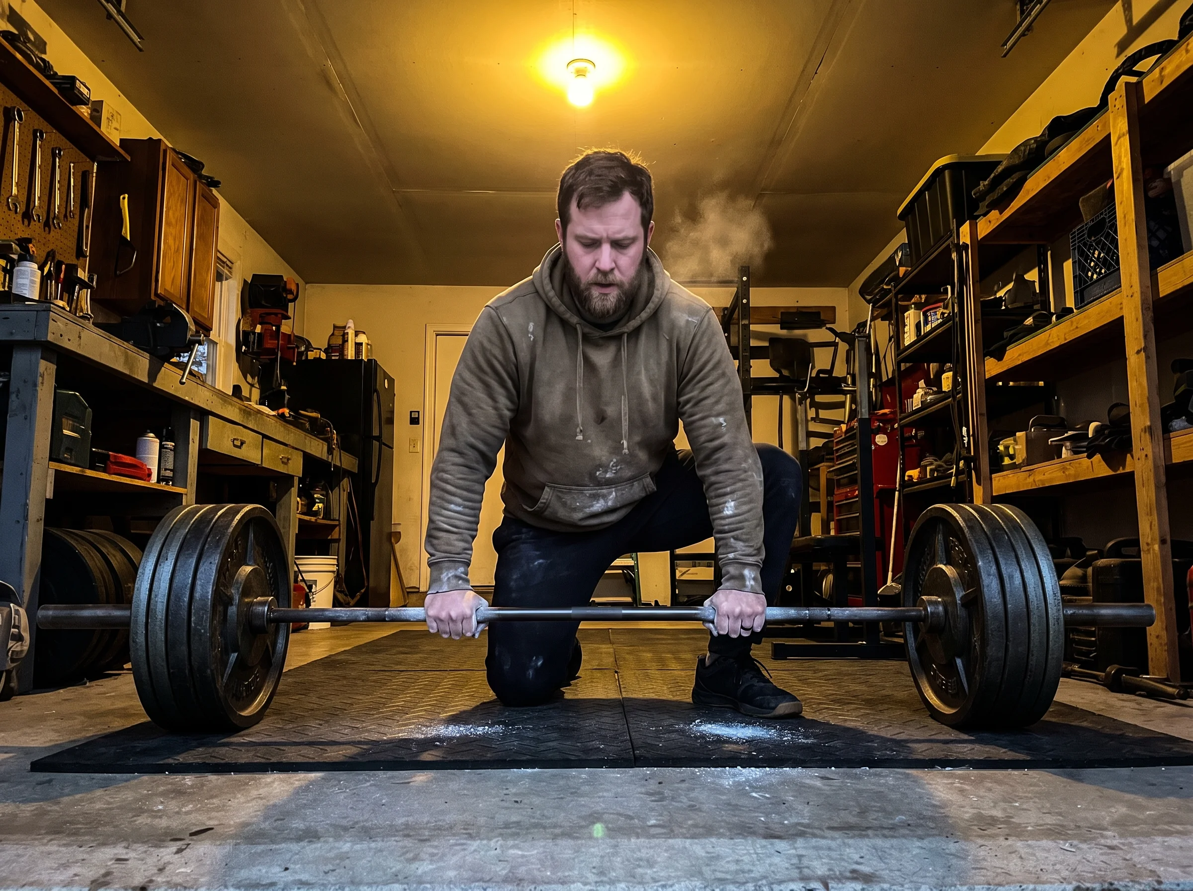 A man in his mid-30s at a home gym in his garage in the early morning, chalk on his hands, gripping a loaded barbell on the f