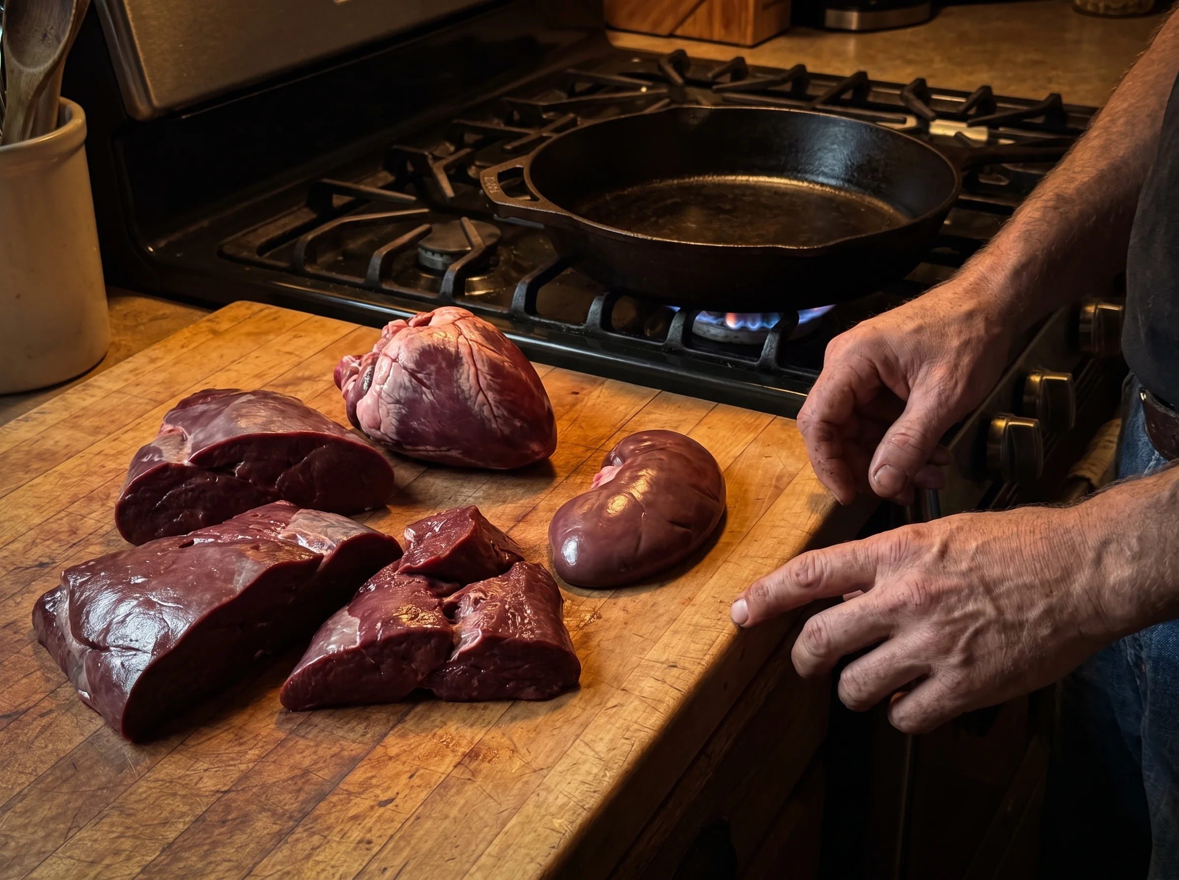 Raw grass-fed beef liver, heart, and kidney arranged on a wooden butcher block in a home kitchen, deep red and burgundy tones