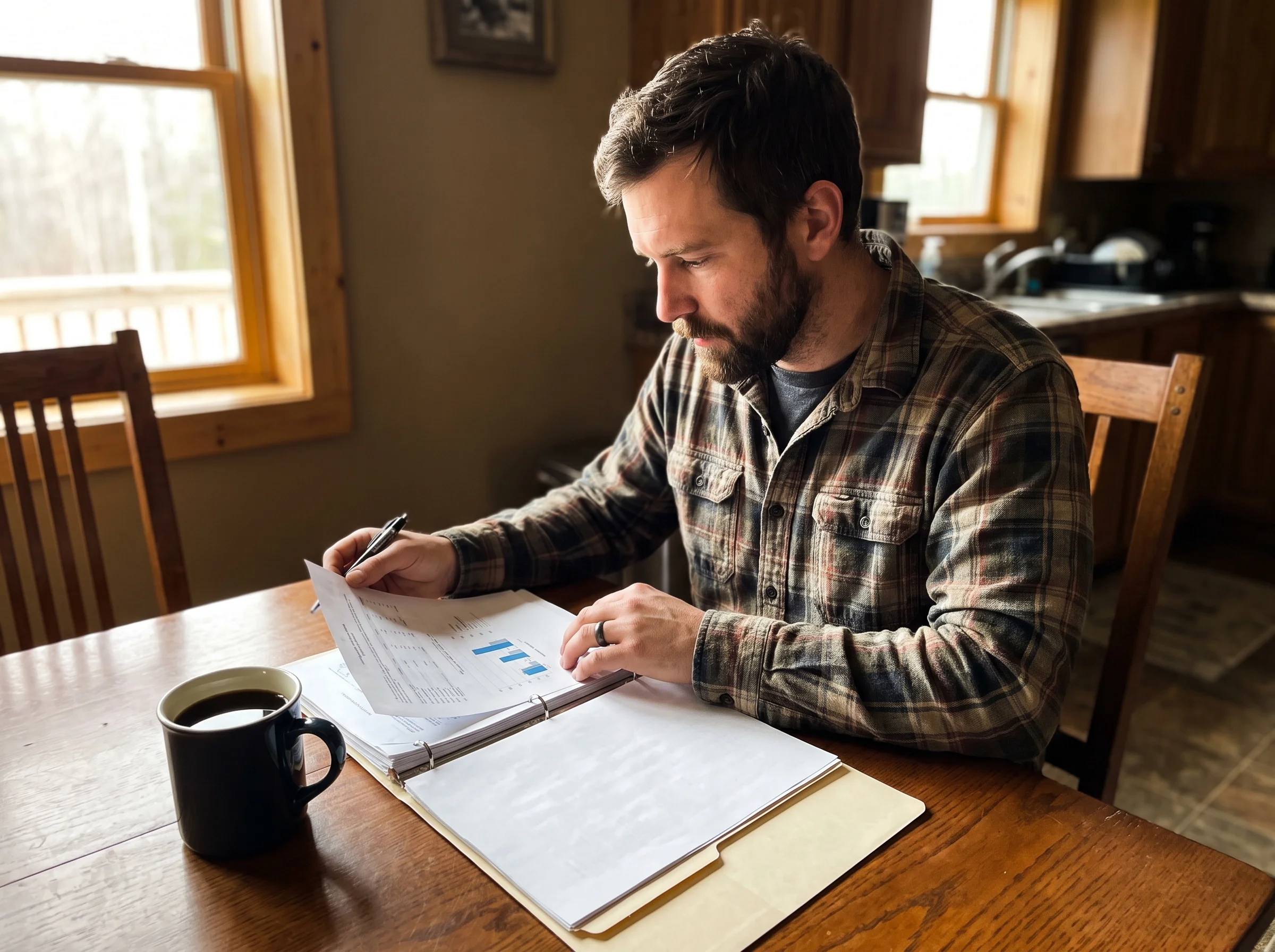 A man in his mid-30s at a kitchen table with a folder of lab paperwork open in front of him, a pen in his hand, a mug of blac