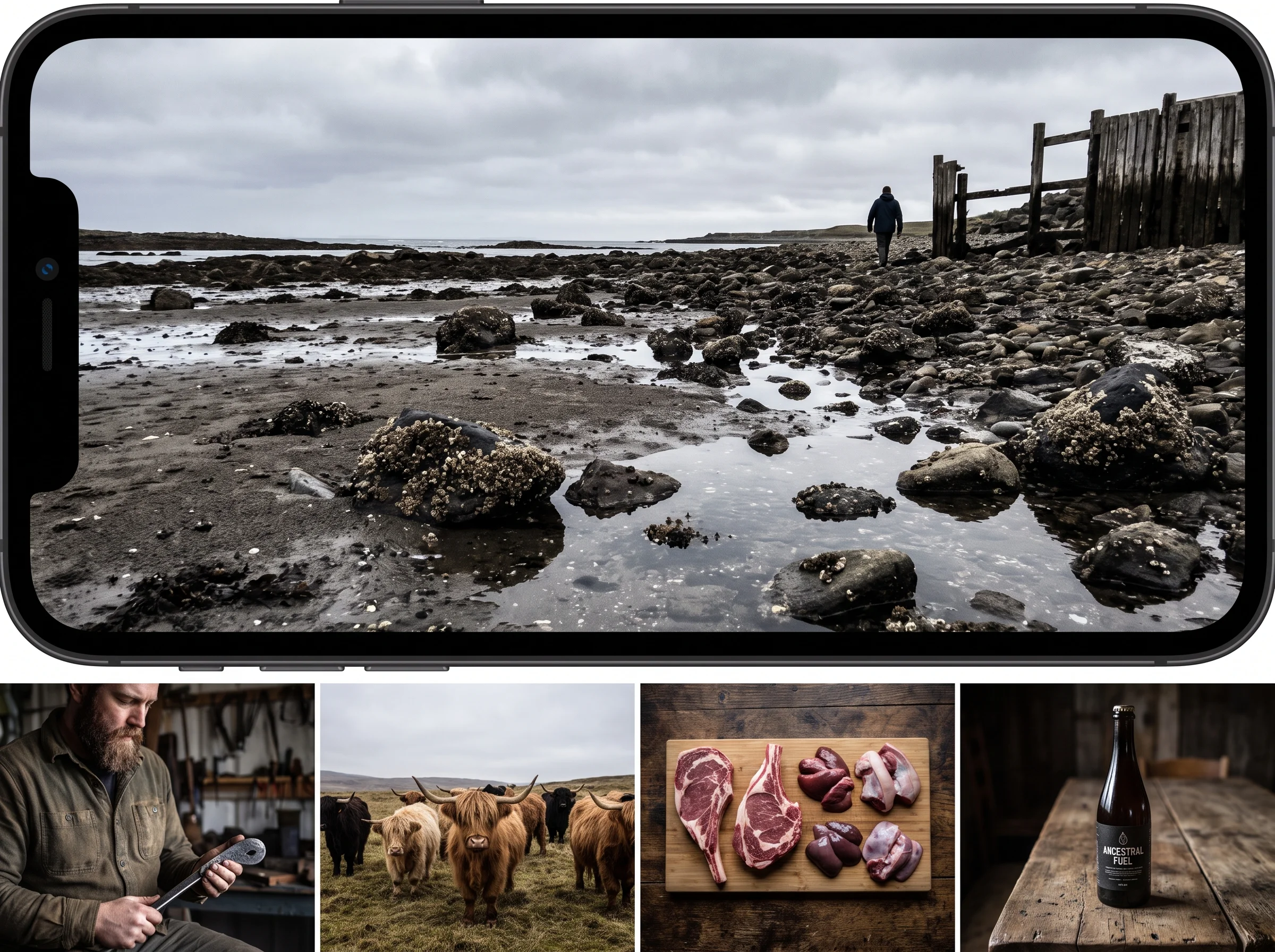 A rocky shoreline at low tide, wet sand and stranded stones exposed, moody overcast light suggesting depletion