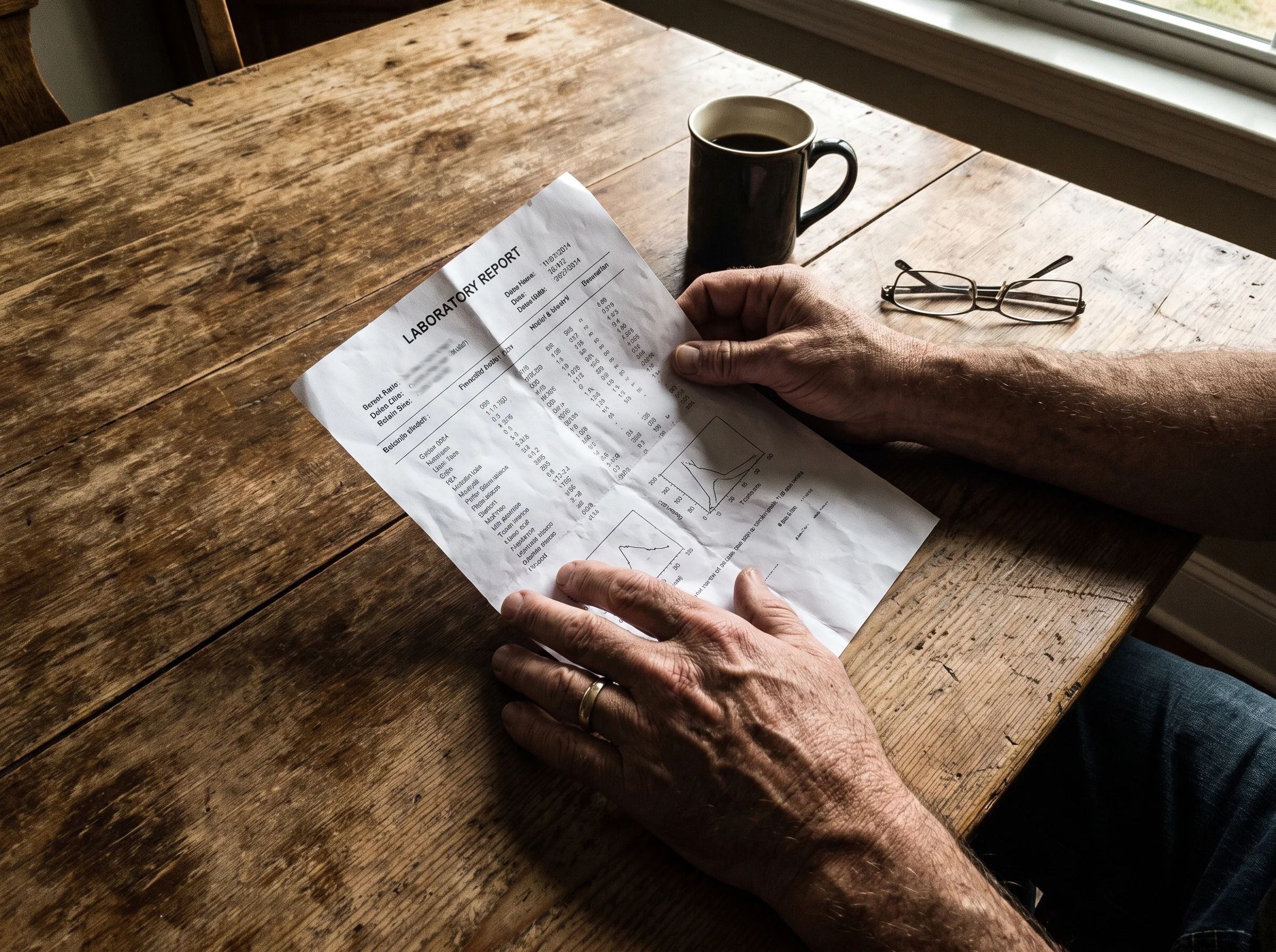Close-up of a middle-aged man's hands holding a lab results printout on a wooden kitchen table, coffee mug in the frame, natu
