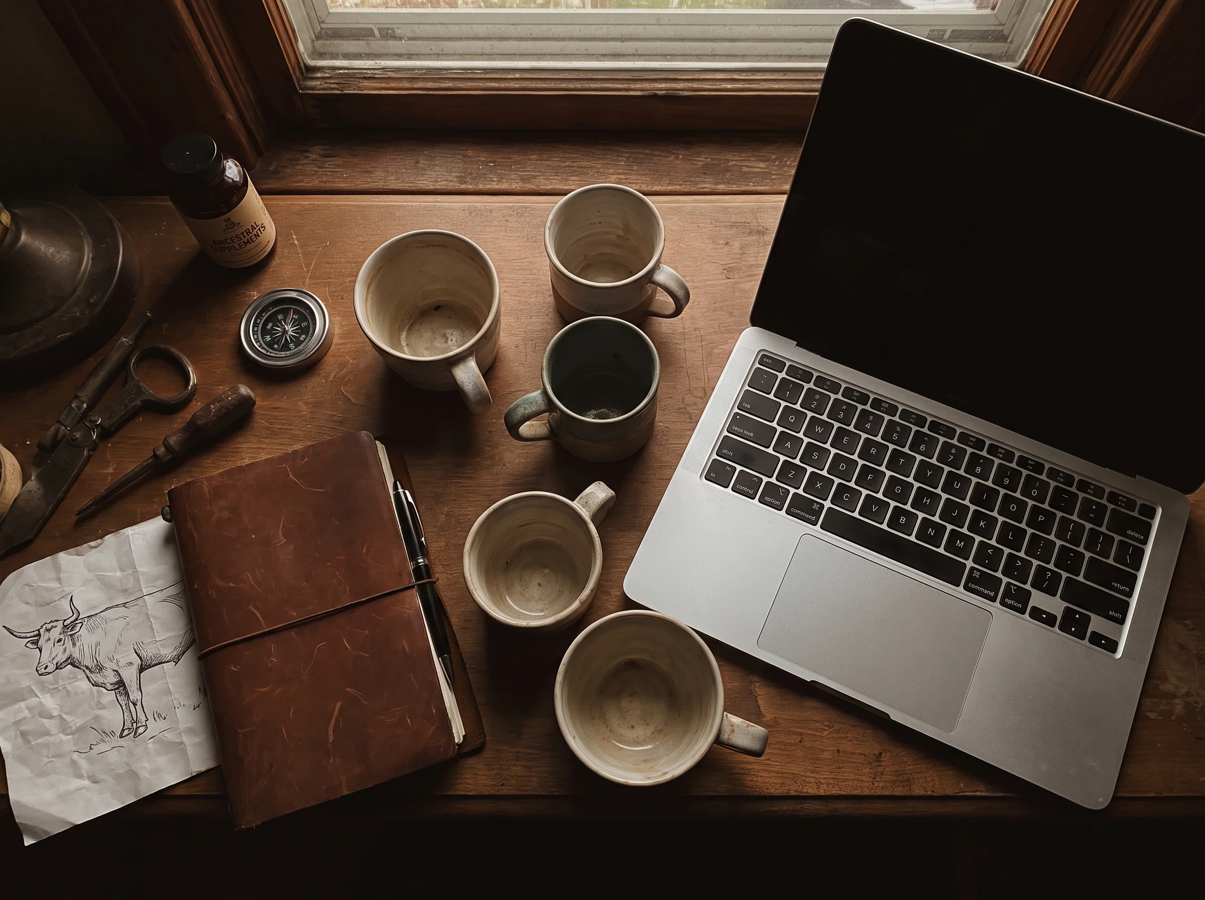 An overhead shot of four empty coffee cups arranged on a cluttered desk with a laptop, dim afternoon light, worn leather note