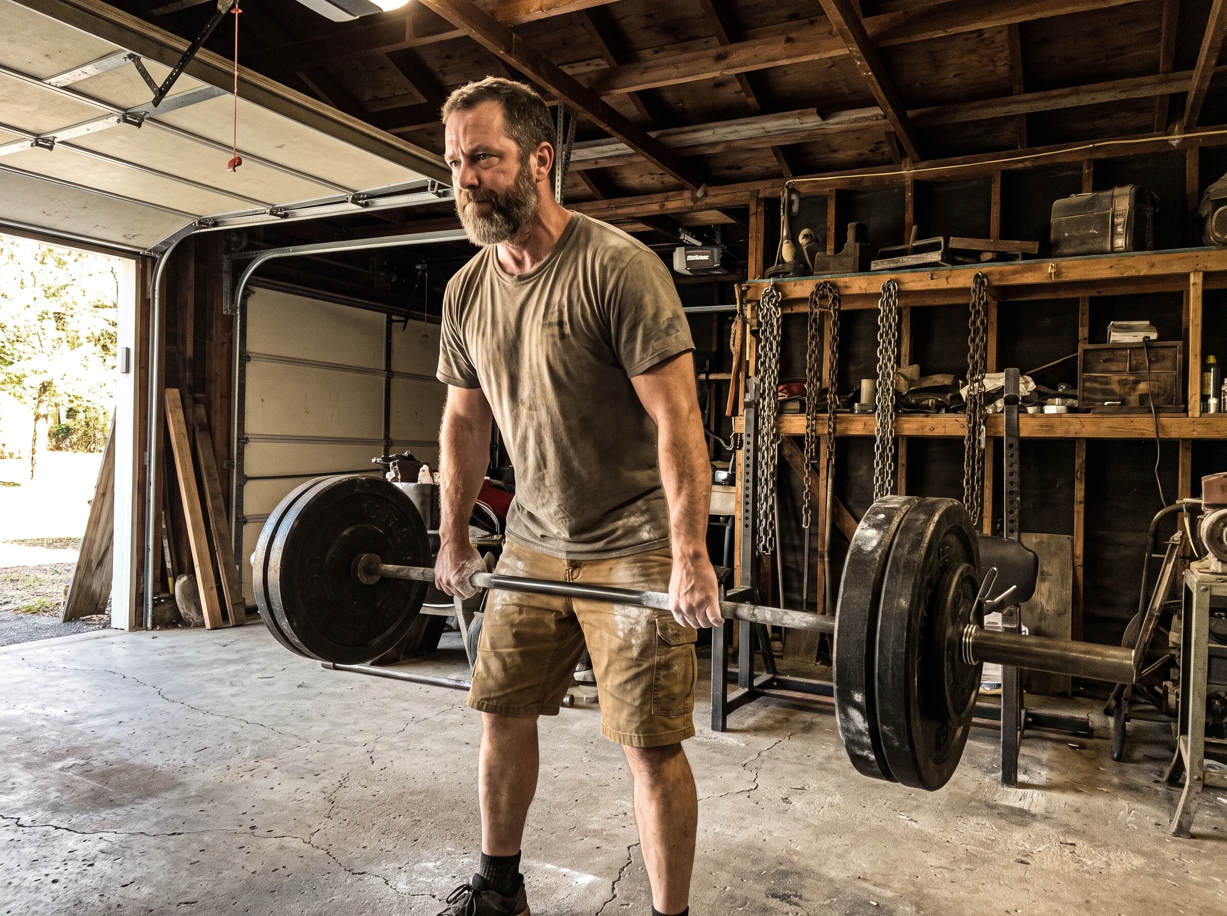A man in his late 40s deadlifting in a bare-bones garage gym, chalk on the bar, morning light through the open door, no gloss
