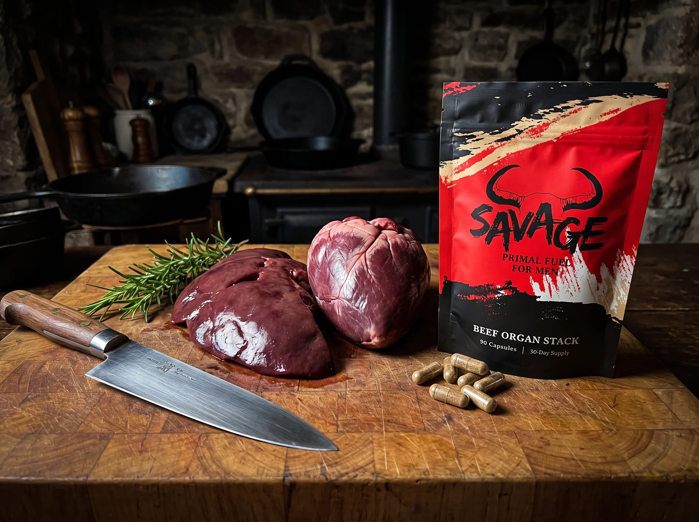 Raw beef liver and heart on a butcher block with a sharp knife and sprig of rosemary, dark earthy tones, ancestral kitchen fe