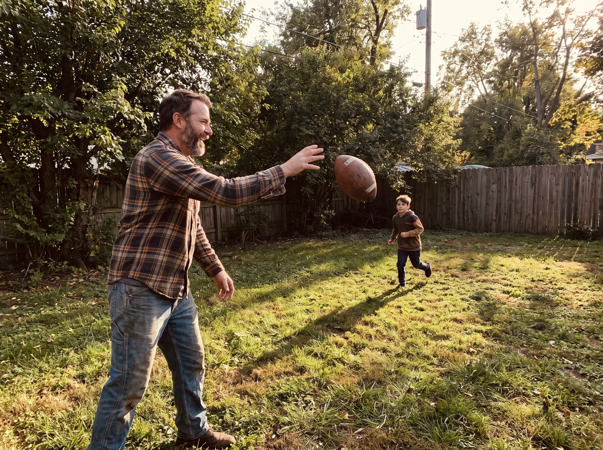 A middle-aged father in a flannel throwing a football to his son in a backyard at golden hour, present and alive, no phone in
