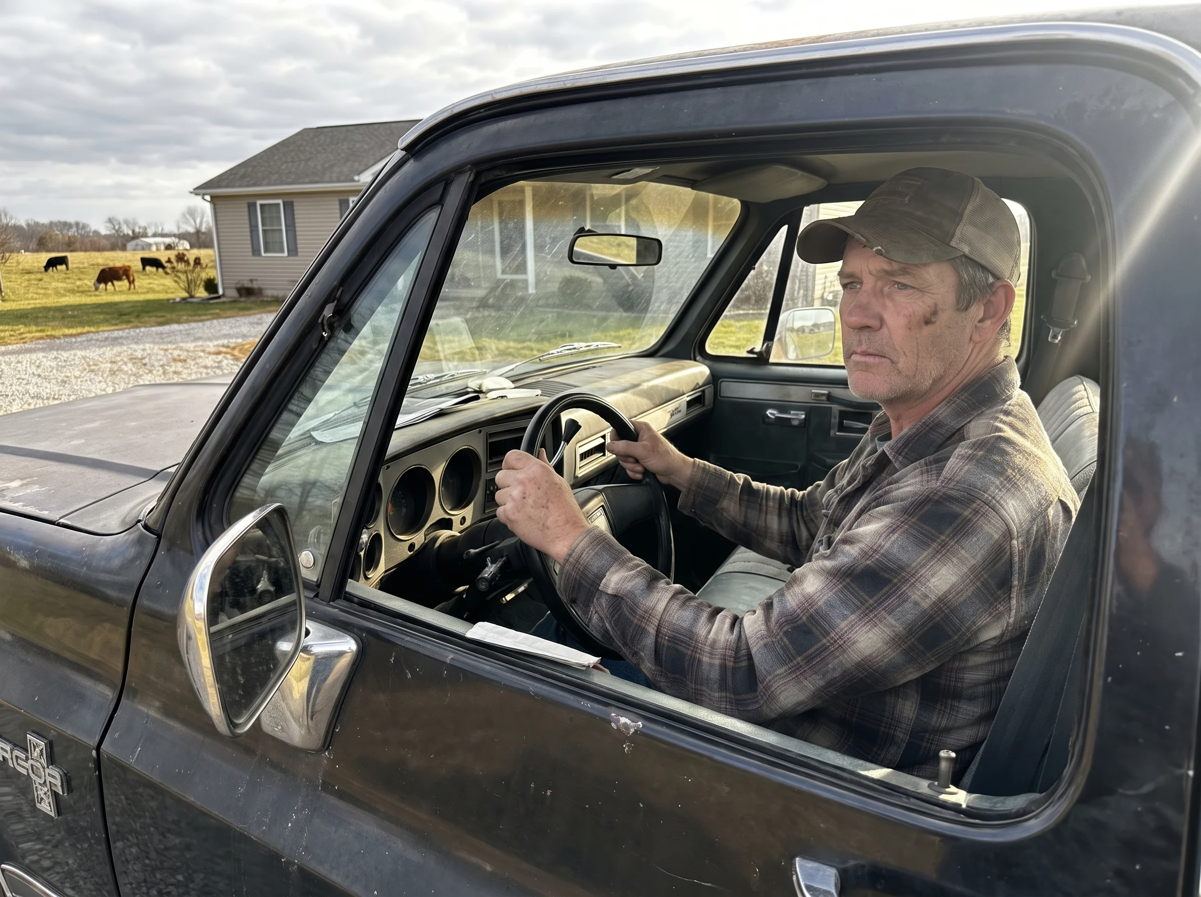 A middle-aged man sitting alone in the driver's seat of his parked pickup truck in his own driveway, both hands still on the 