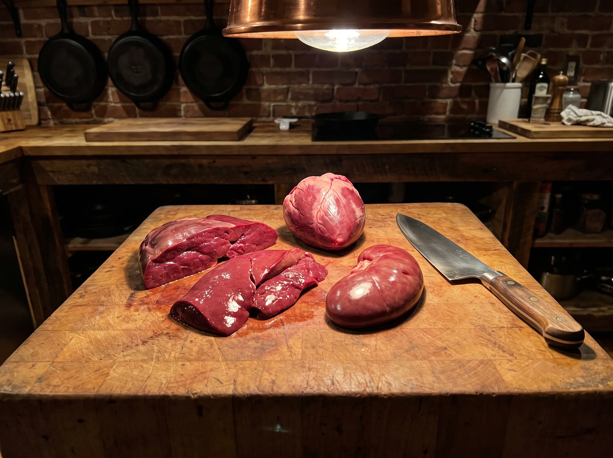 A raw beef liver, beef heart, and beef kidney arranged on a rough wooden butcher block under warm overhead light. Deep red, t