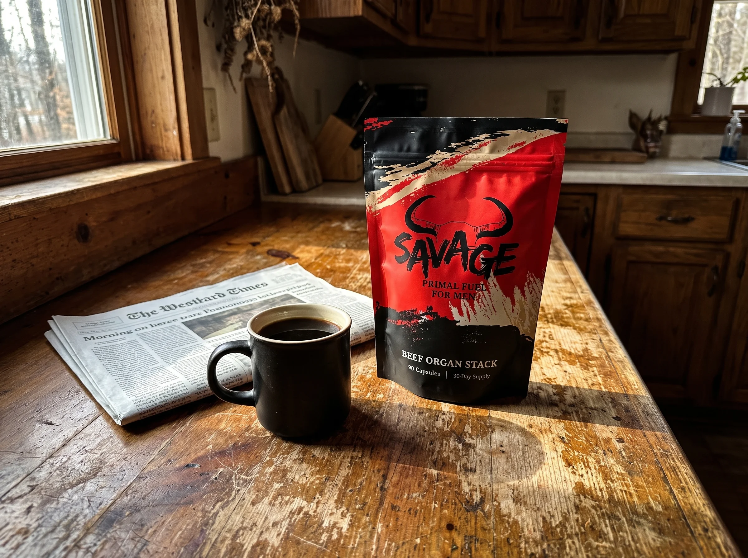 The Savage Beef Organ Stack pouch, a red and black stand-up pouch with a bull-horn logo and the words BEEF ORGAN STACK, sitti
