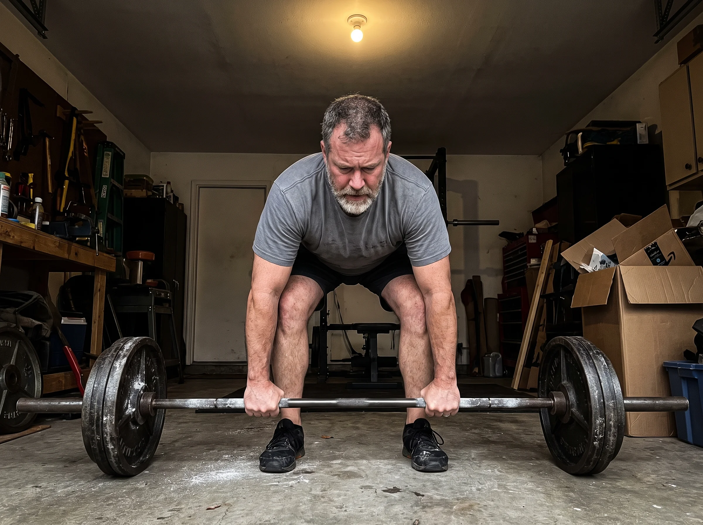 A 50-year-old man in a plain grey t-shirt gripping a loaded barbell in a rough home garage gym, chalk on his hands, mid-setup