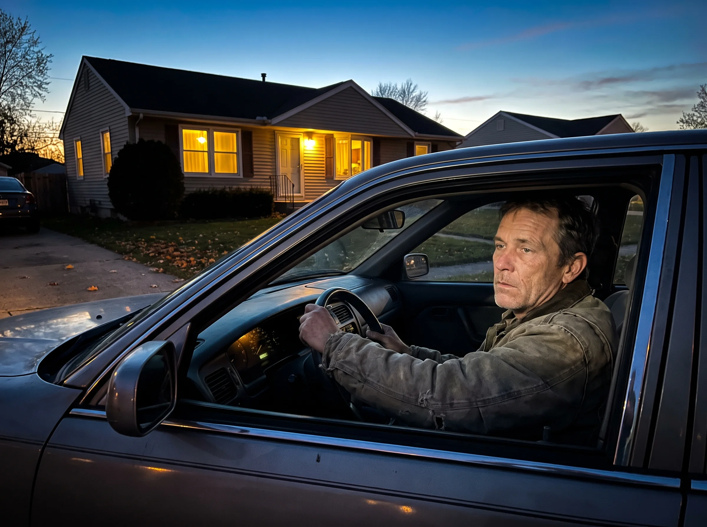 A middle-aged man sitting alone in his parked car in the driveway at dusk, hands still on the steering wheel, staring straigh