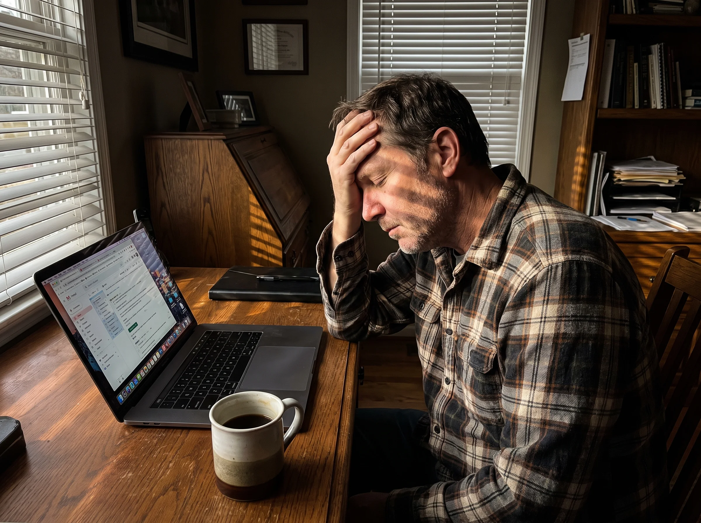 A tired man in his early 50s slumped at a home office desk in the middle of the afternoon, forehead resting on his hand, one 