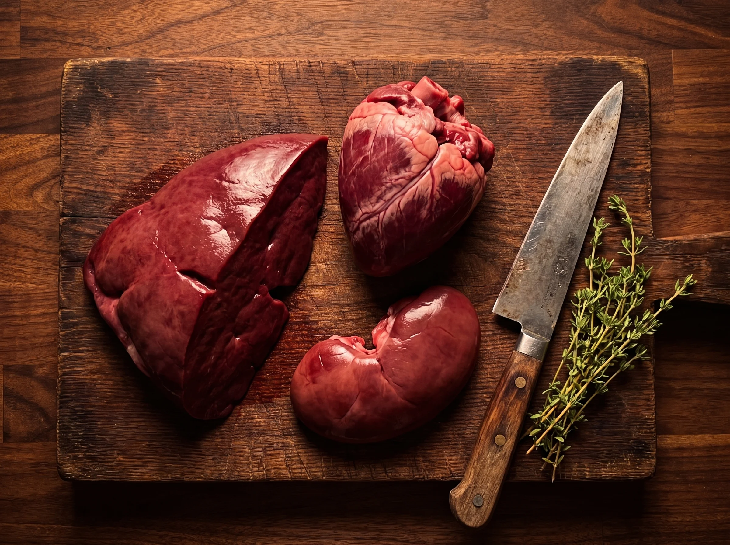 Raw beef liver, heart, and kidney arranged on a dark wooden cutting board with a chef's knife and a sprig of thyme, shot from