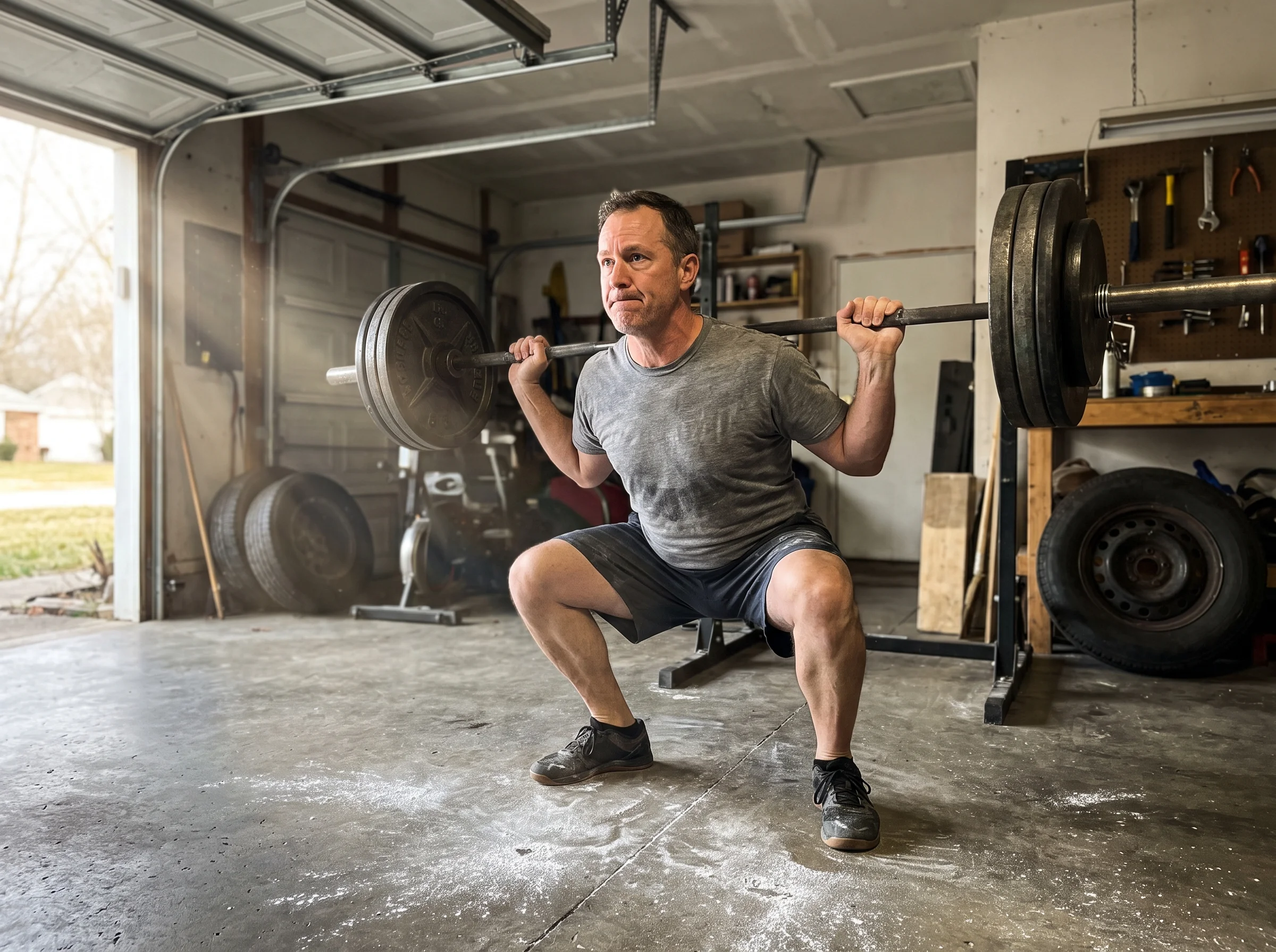 A man in his early 50s doing a heavy barbell back squat in a spare, home garage gym, chalk on the floor, morning light coming