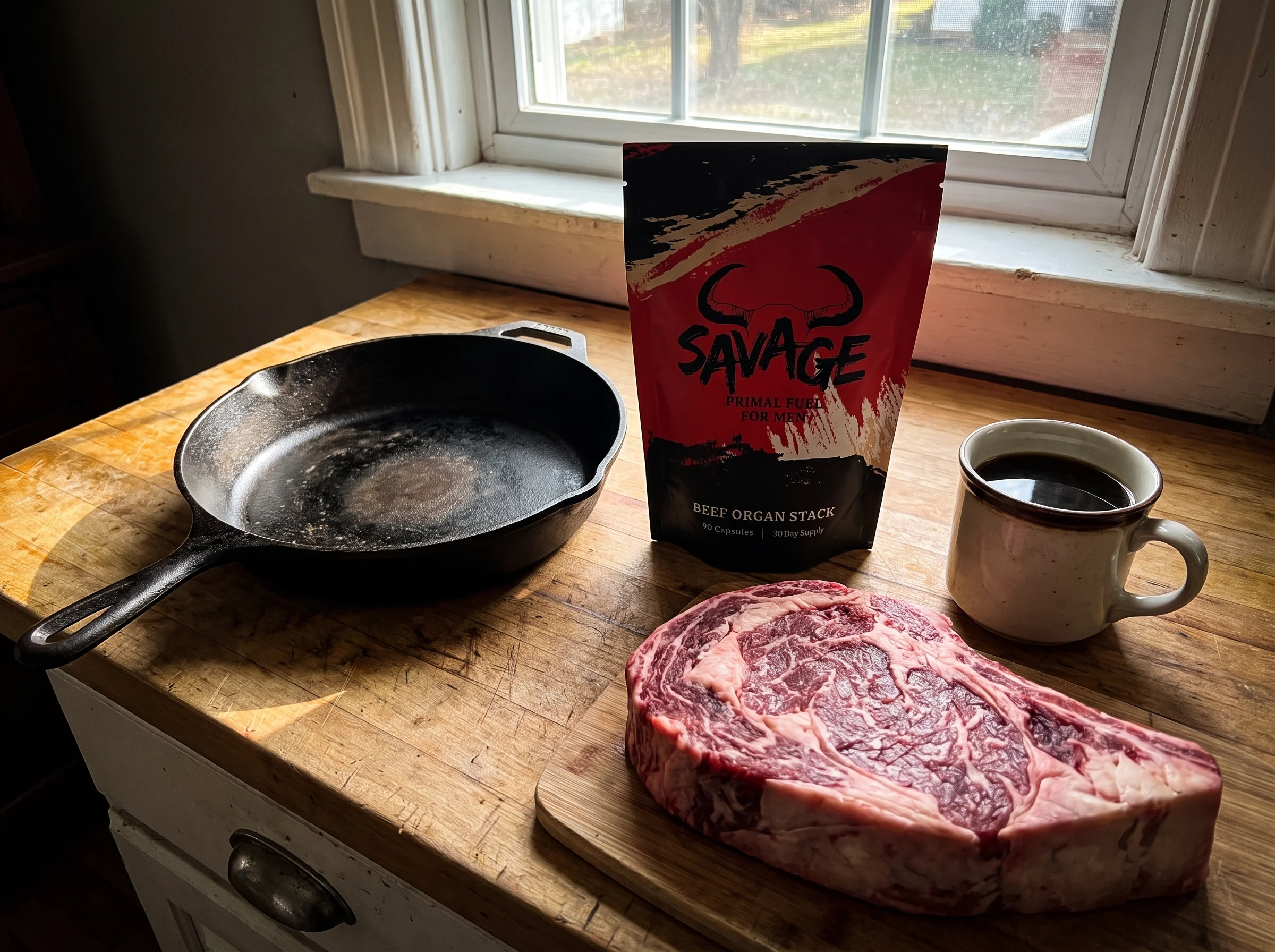 The Savage Beef Organ Stack pouch, a red and black stand-up pouch with a bull-horn logo and the words BEEF ORGAN STACK, sitti