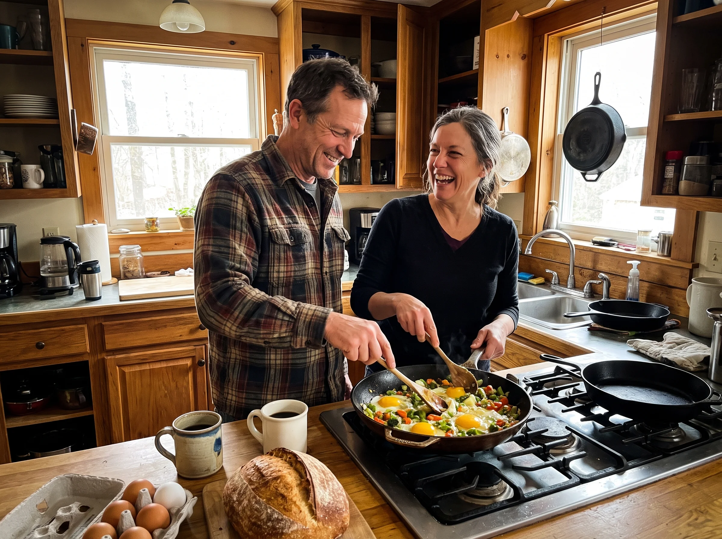 A man in his early 50s and his wife making breakfast together in a warmly lit home kitchen on a weekday morning, both mid-lau