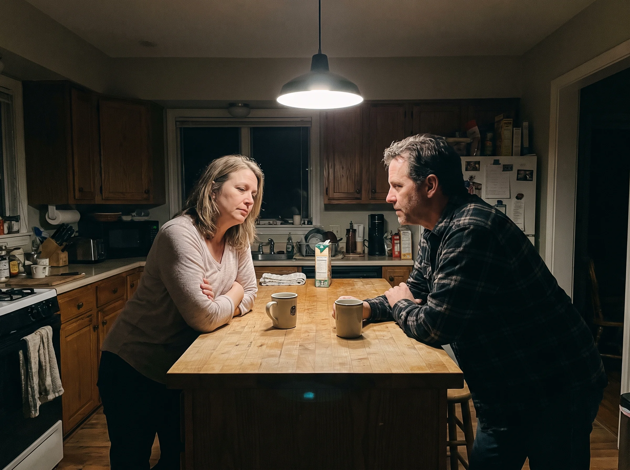 A wife and husband in their late 40s in the kitchen at night after the kids are in bed, her arms crossed but soft, him leanin