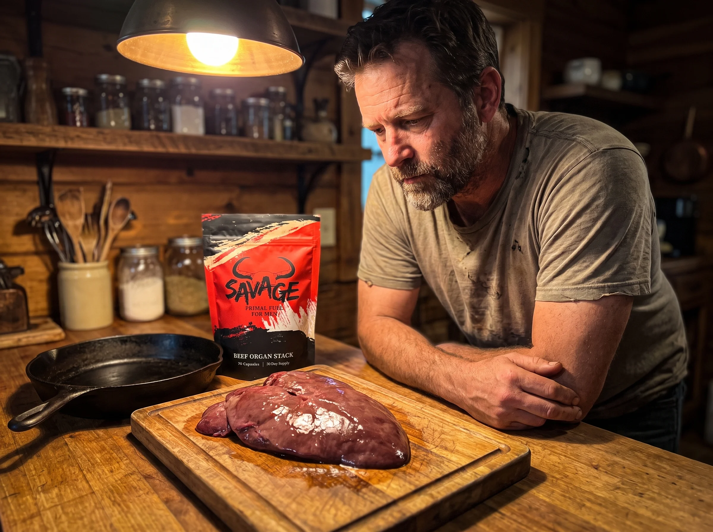 A raw grass-fed beef liver on a wood cutting board next to a cast iron skillet, warm kitchen light, honest and unstyled.