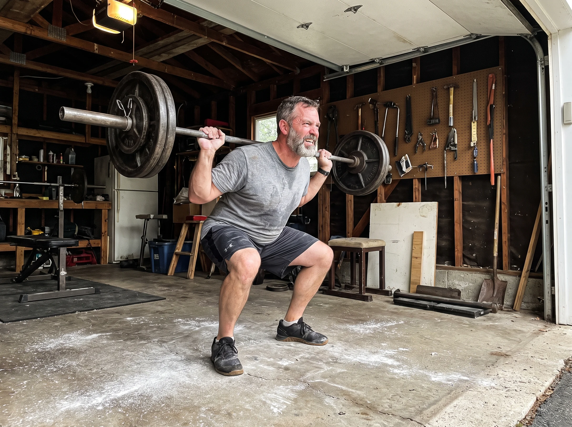 A man in his early 50s mid-set on a barbell squat in a stripped-down home garage gym, chalk on the floor, no glossy branding,