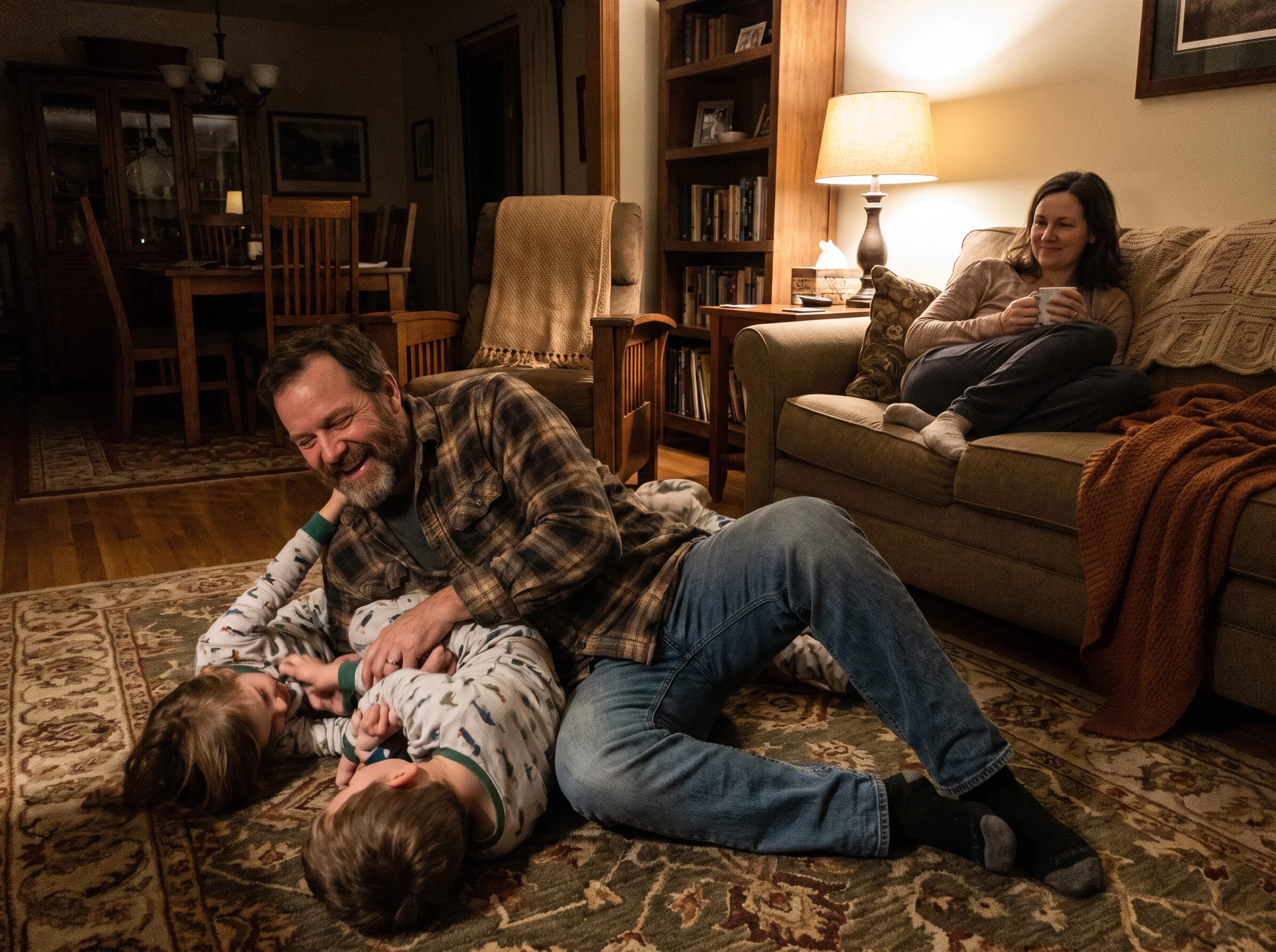 A father in his early 50s on the living room floor wrestling with two kids, laughing, wife watching from the couch with a rel