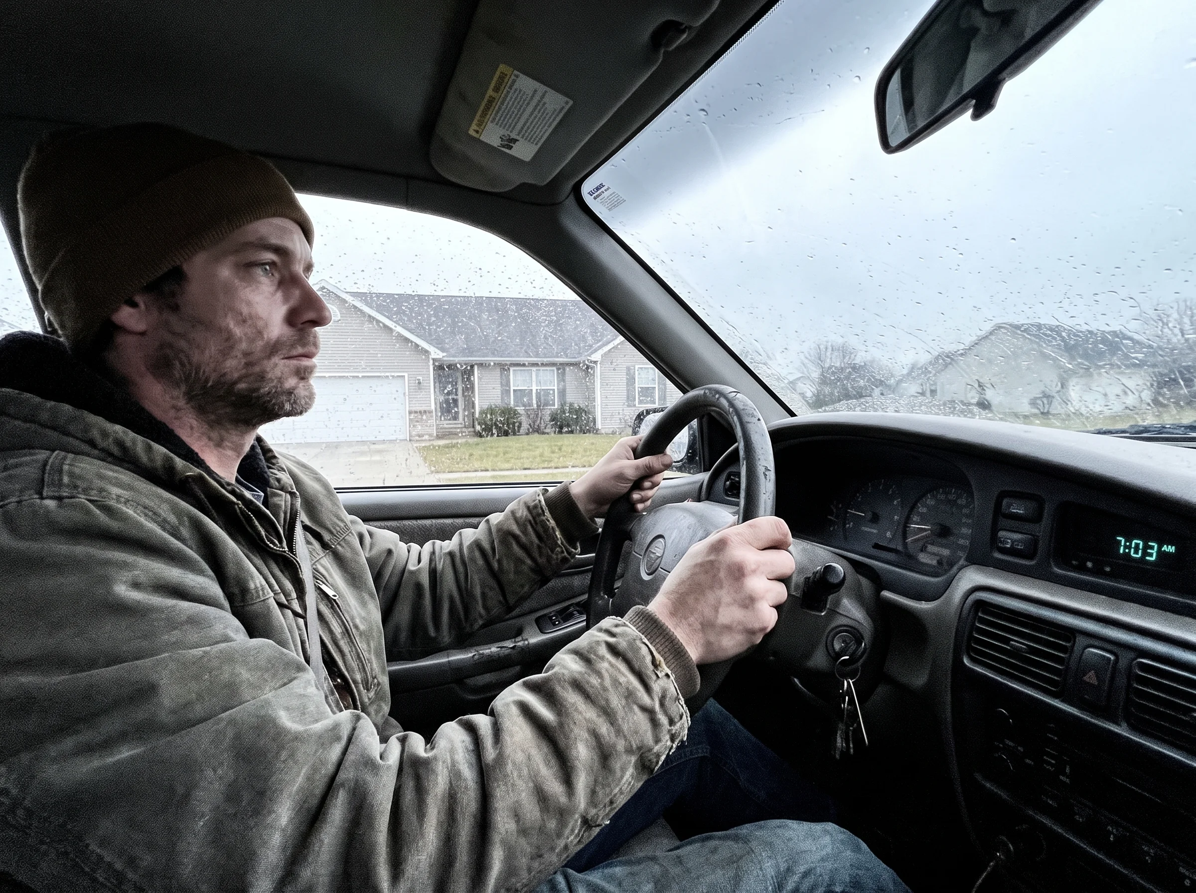 A man in his early 50s sitting in his parked car in the driveway at 7am, hands still on the steering wheel, staring through t