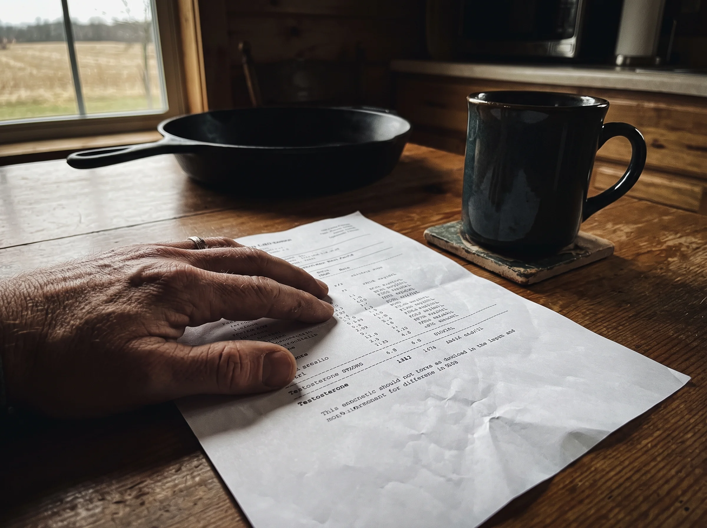 A close-up of a printed lab report on a kitchen table with the word "Testosterone" visible and a coffee mug next to it, a man