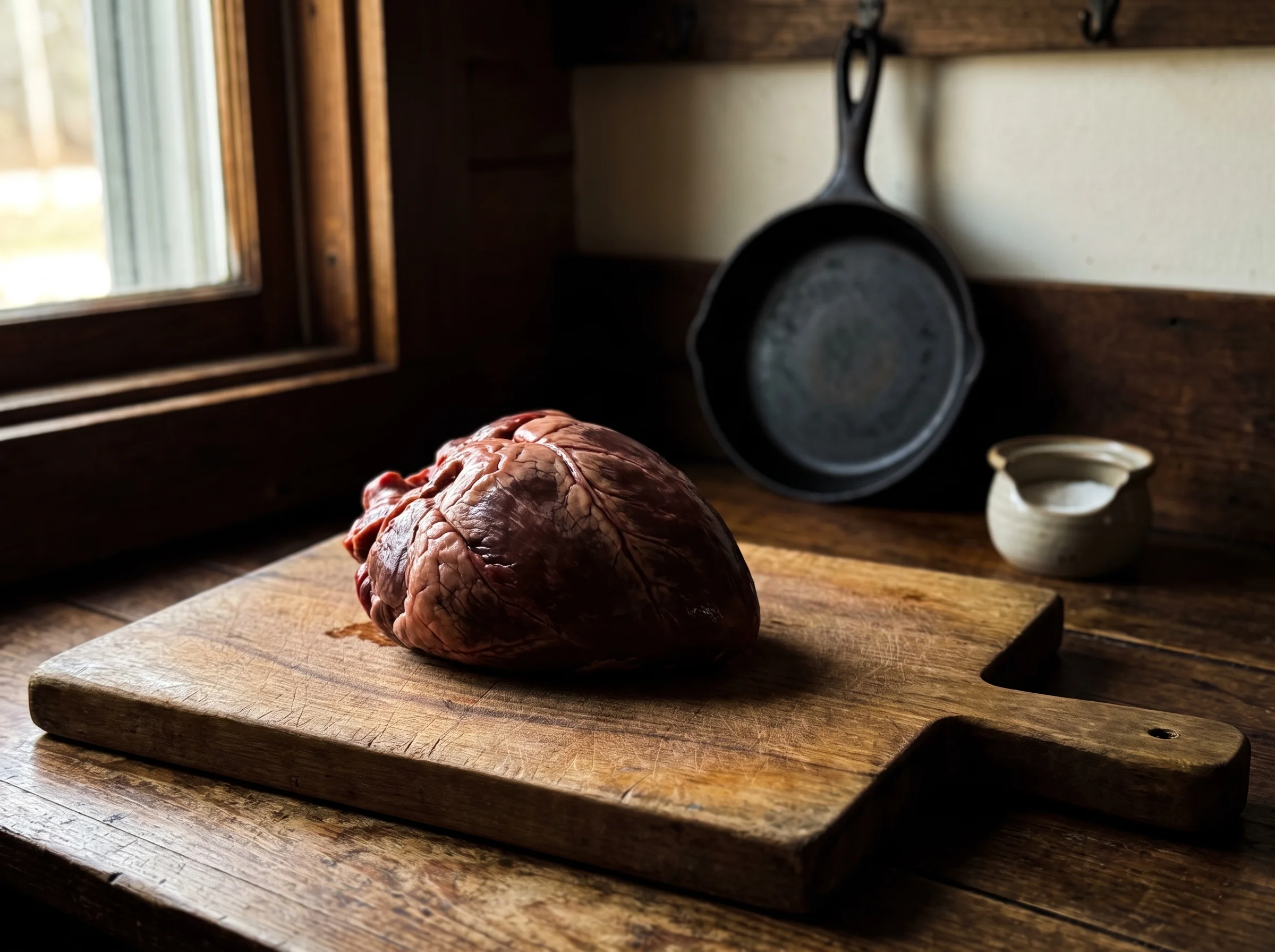 A raw whole beef heart on a wooden cutting board in a farmhouse kitchen, natural light through a window, a cast iron pan and 