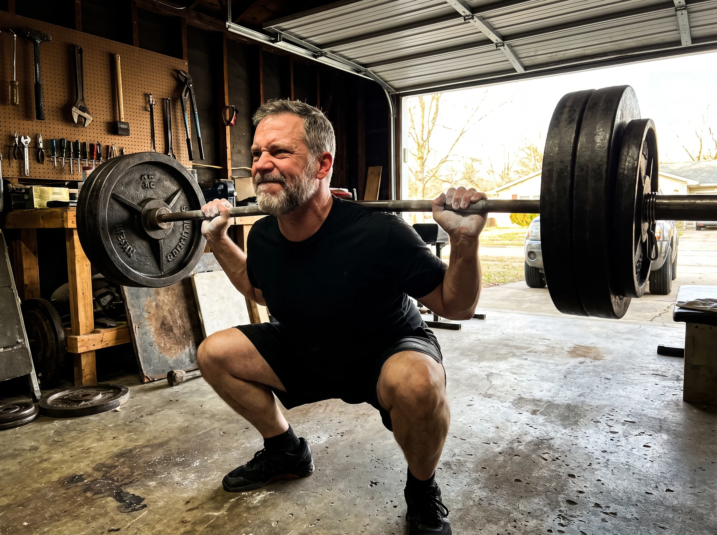 A 50-year-old man mid-set under a loaded barbell in a gritty home garage gym, chalk on his hands, grey in his beard, focused 