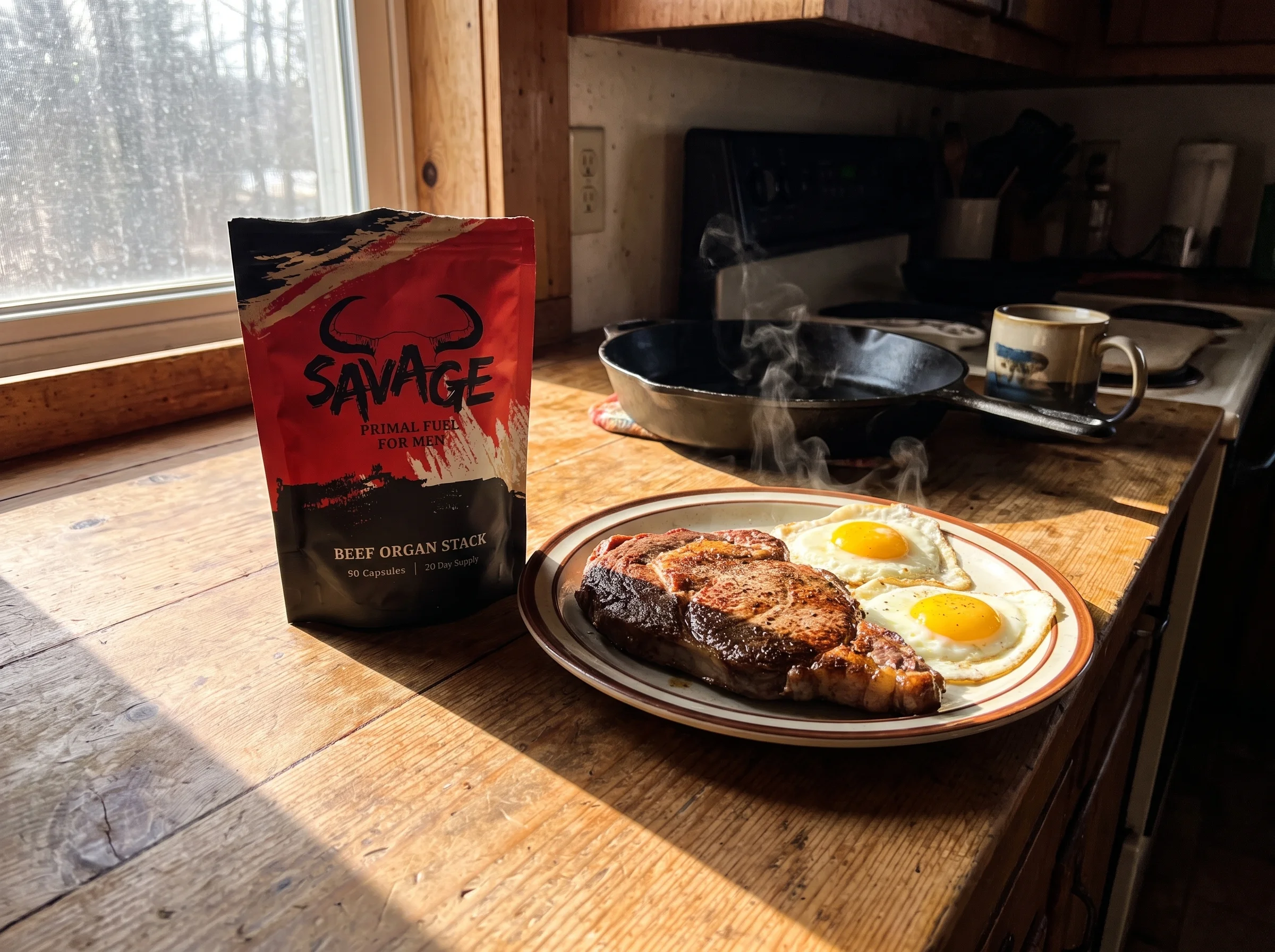 The Savage Beef Organ Stack pouch, a red and black stand-up pouch with a bull-horn logo and the words BEEF ORGAN STACK, sitti