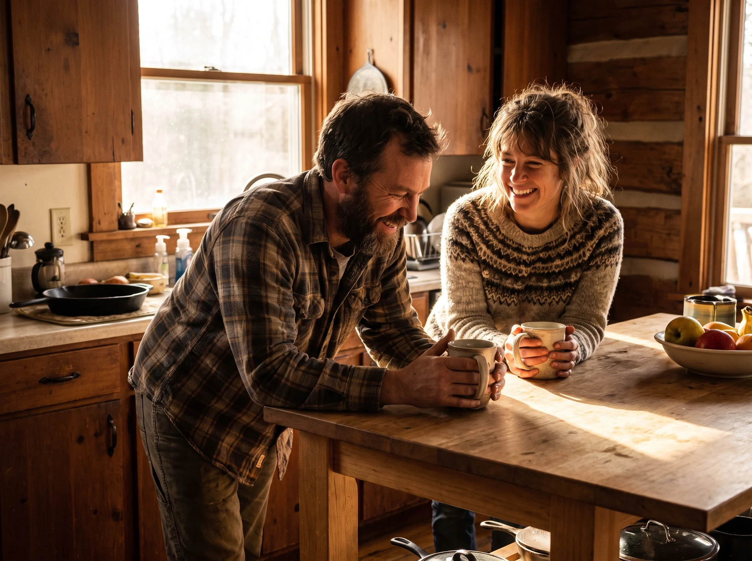 A weathered man in his early 50s laughing with his wife across a kitchen island in the morning, coffee mugs in hand, unposed,