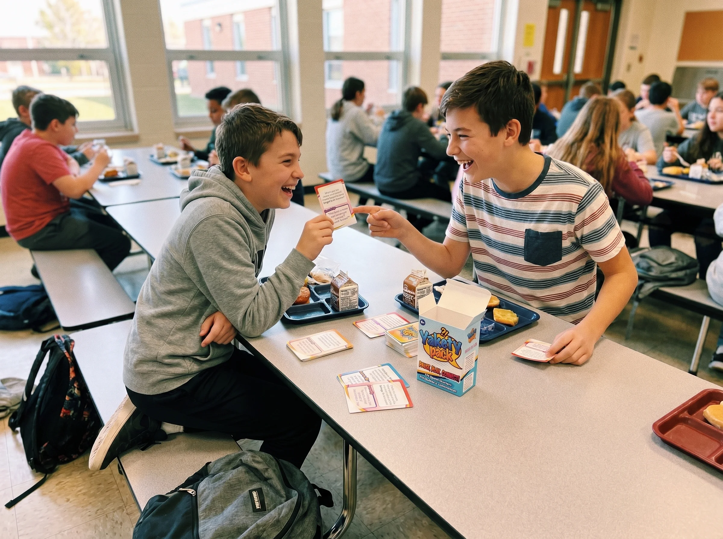 Two middle school boys laughing together at a lunch table in a school cafeteria, backpacks on the floor, candid moment, natur