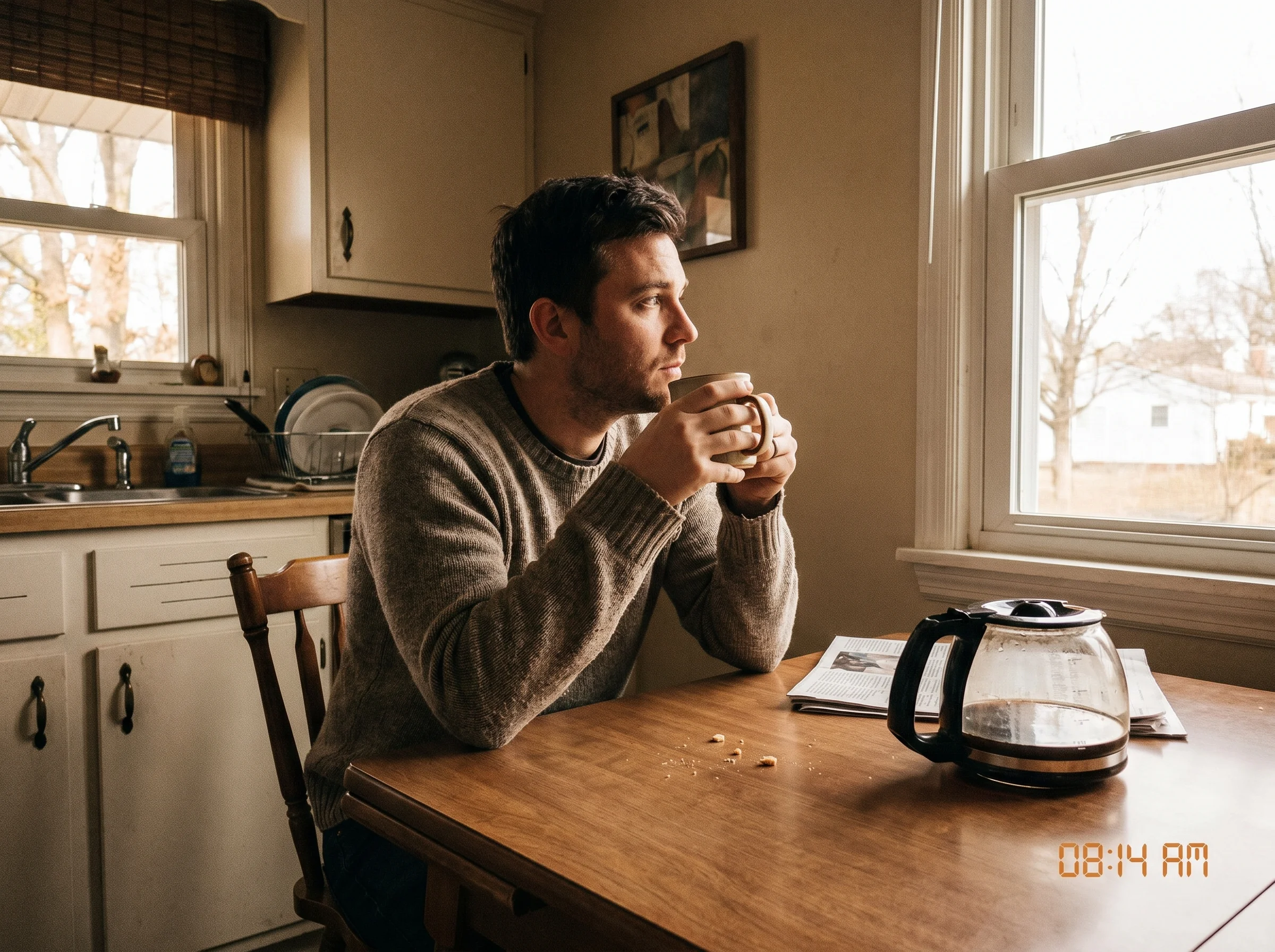 A dad sitting alone at a kitchen table in the morning, coffee mug in hand, looking thoughtfully out the window, soft natural 