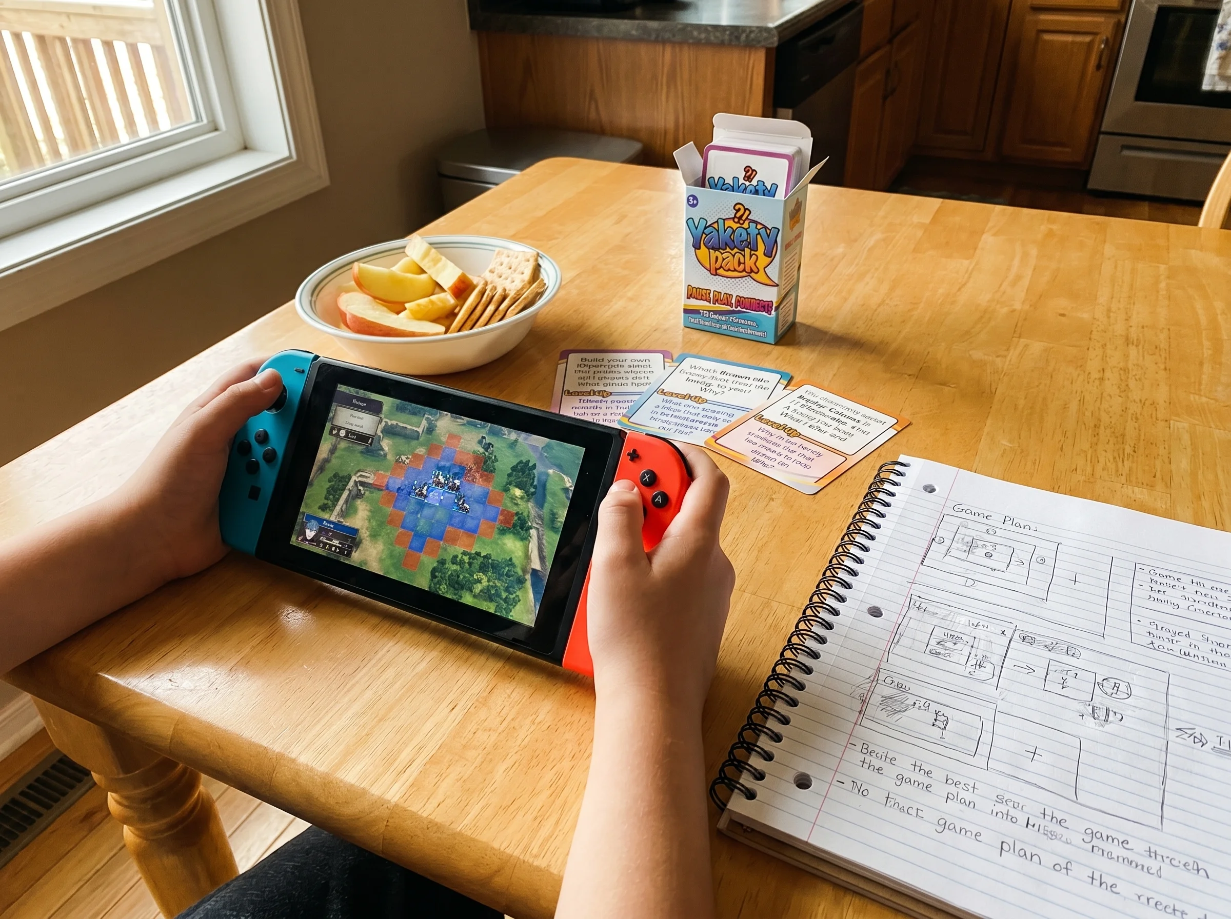 A kid's hands holding a Nintendo Switch playing a strategy game, with a half-eaten snack and a notebook with sketched game pl