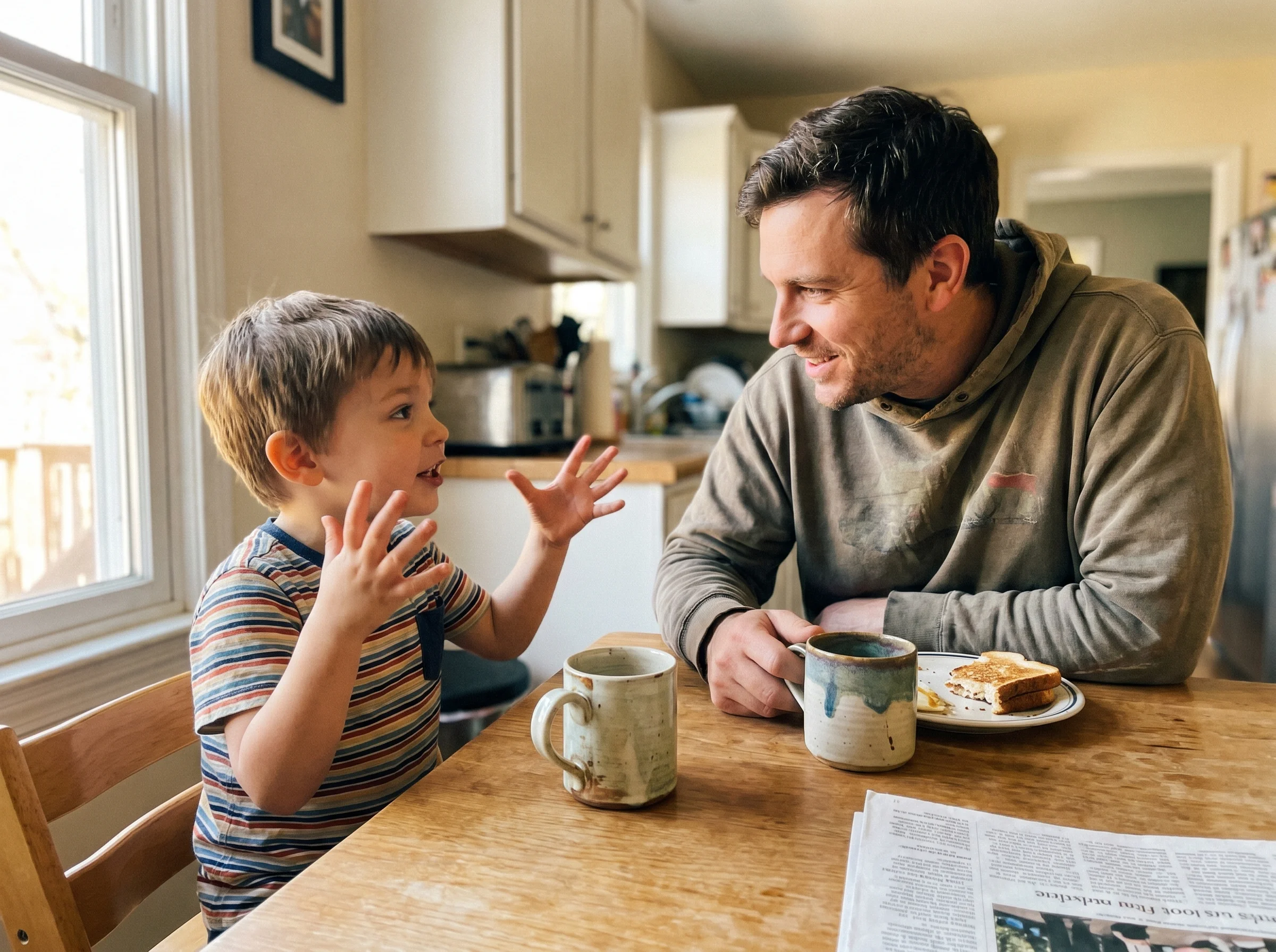 A parent and child sitting at a kitchen table mid-conversation, the child gesturing with his hands while explaining something