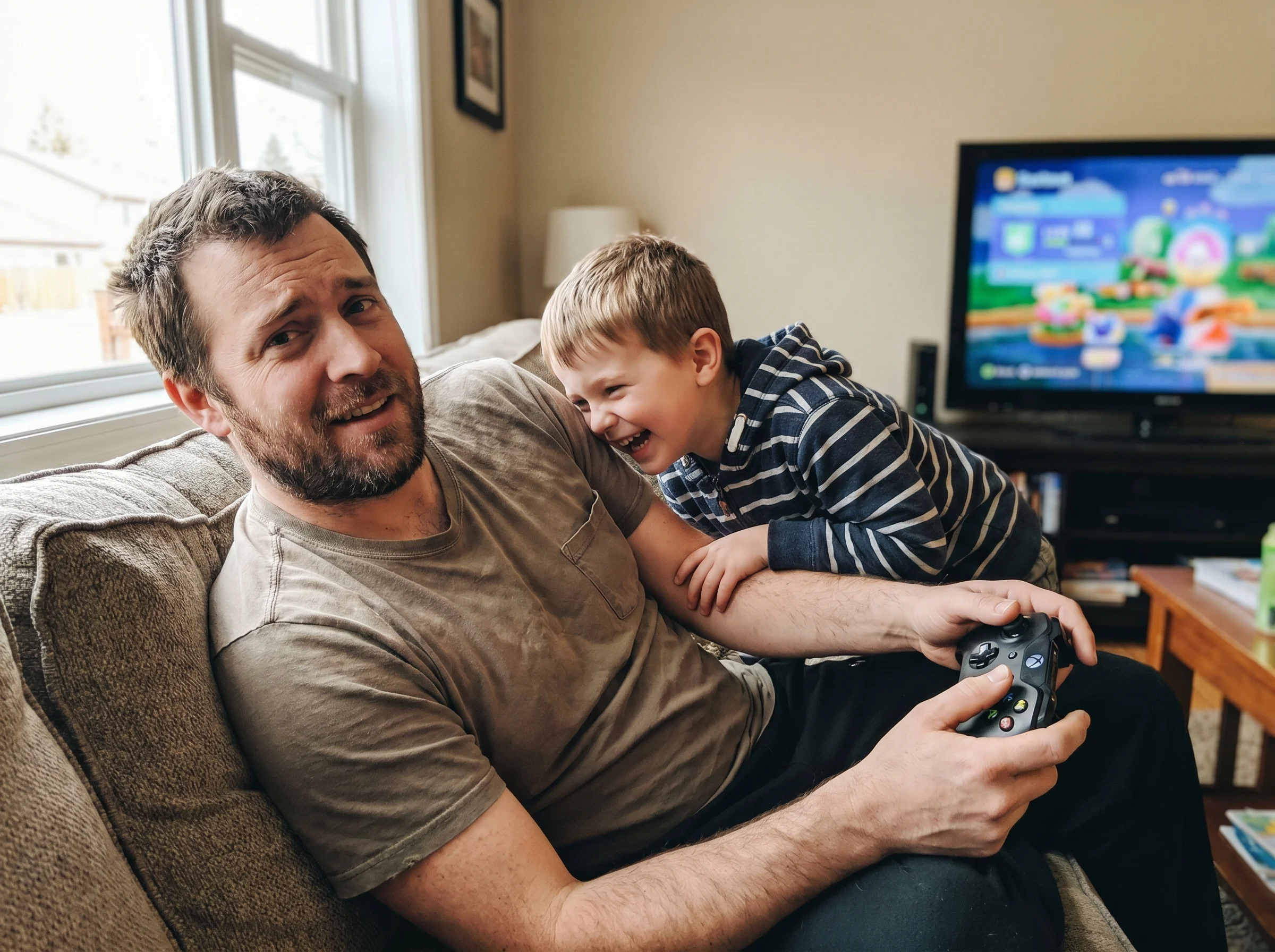A dad on the couch holding a game controller awkwardly while his son leans over laughing, both clearly mid-game and mid-laugh